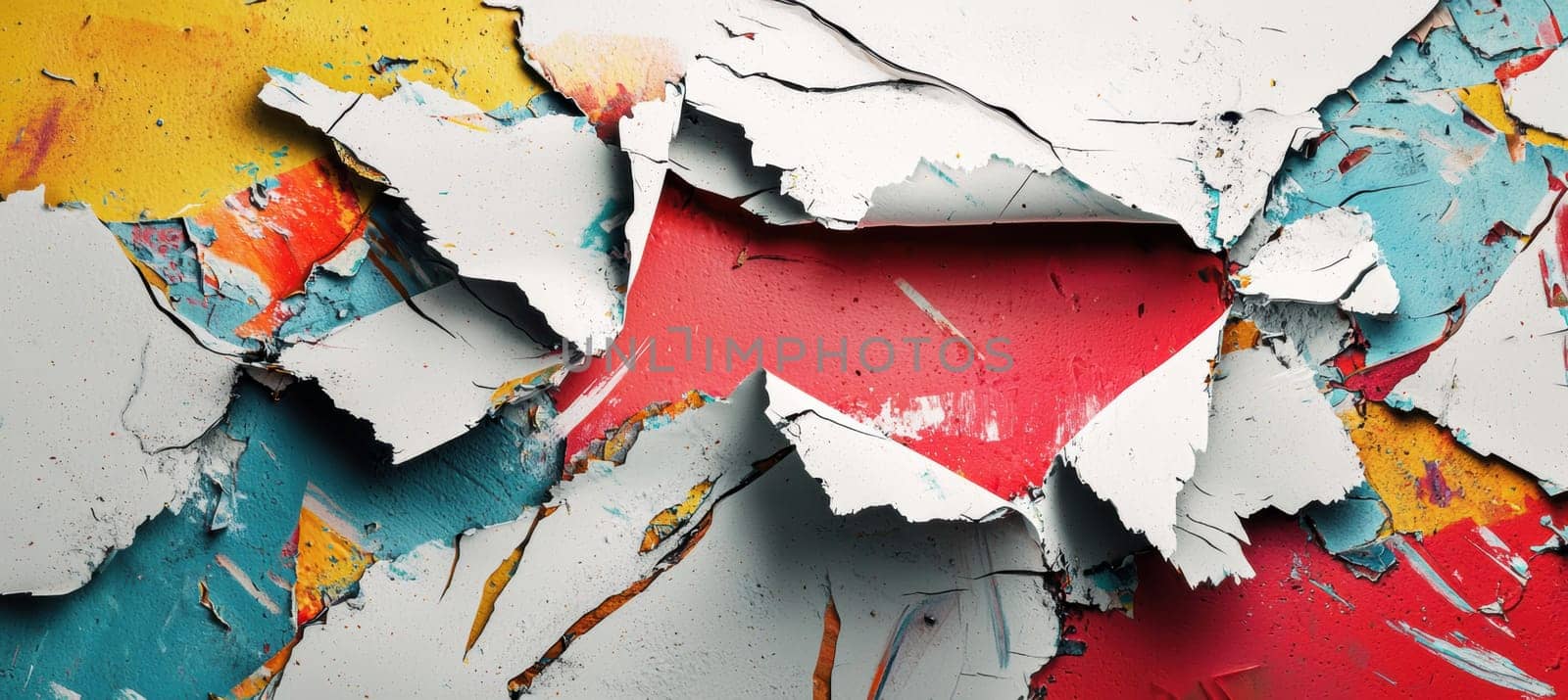 Torn paper edges create a dynamic reveal of a vibrant, abstract artwork beneath. the rough texture and vivid colors add a sense of movement and energy, making it ideal for creative designs, posters, or unique print projects.