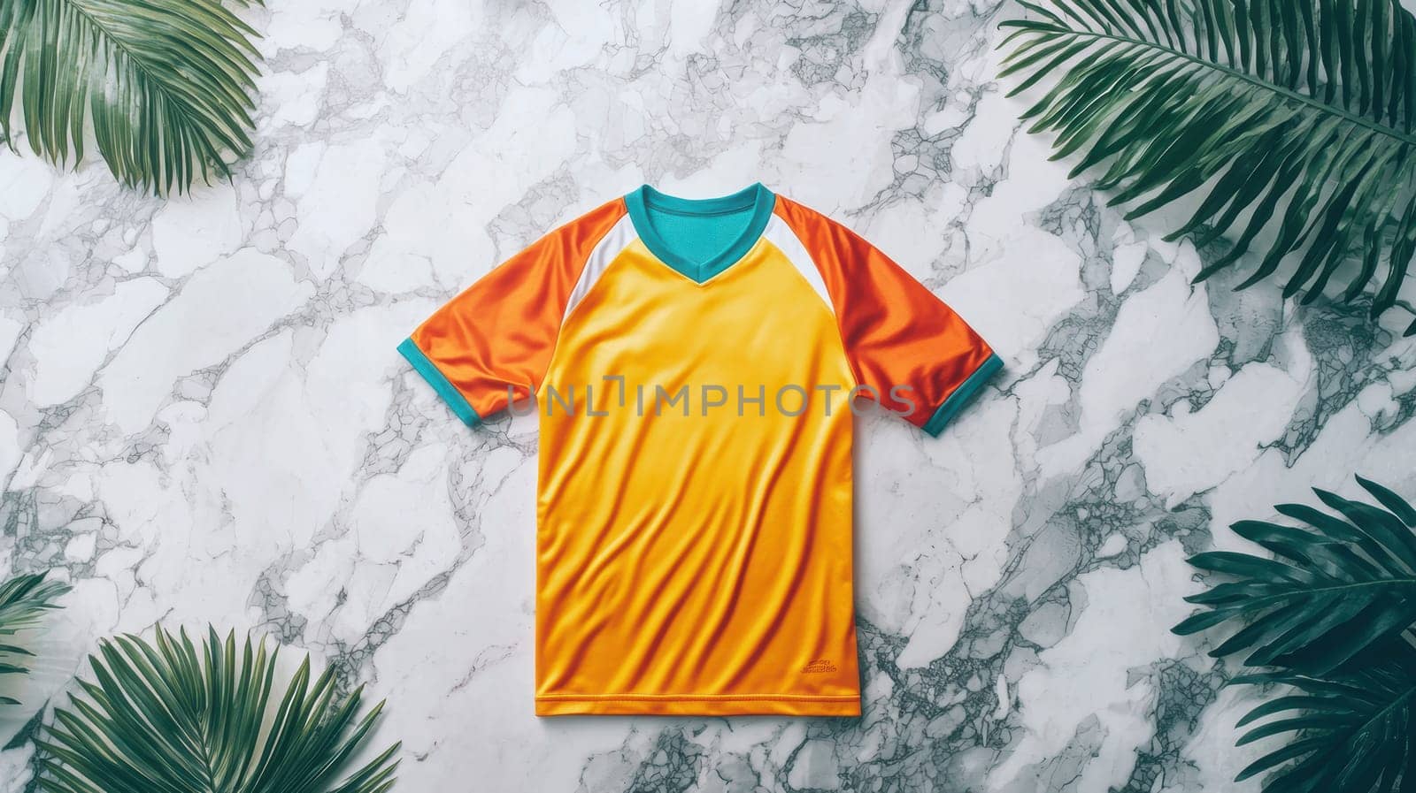 A brightly colored sports jersey is artfully laid on a stylish marble surface, complemented by minimalistic decor elements. the setting highlights the jersey's vibrant color and detailed fabric texture, offering ample space for text or branding.