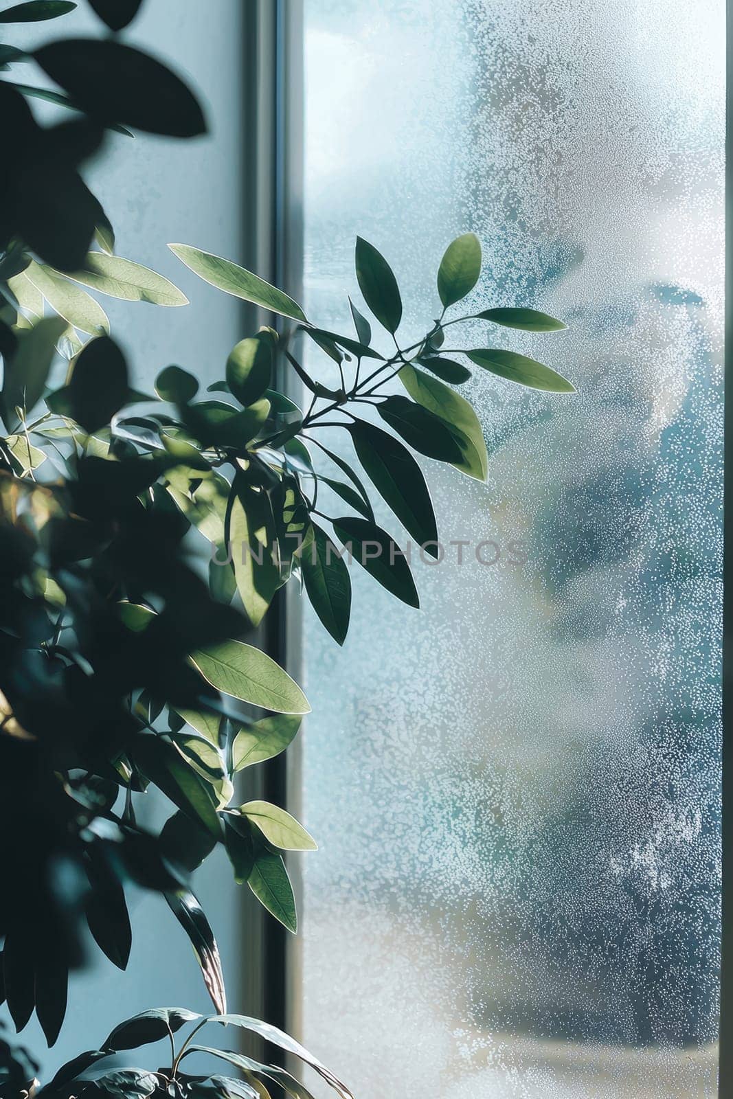 Transparent sticker mockup displayed on a frosted window, highlighted by soft natural light. the subtle botanical design enhances the aesthetic appeal, perfect for elegant branding presentations in various design projects.
