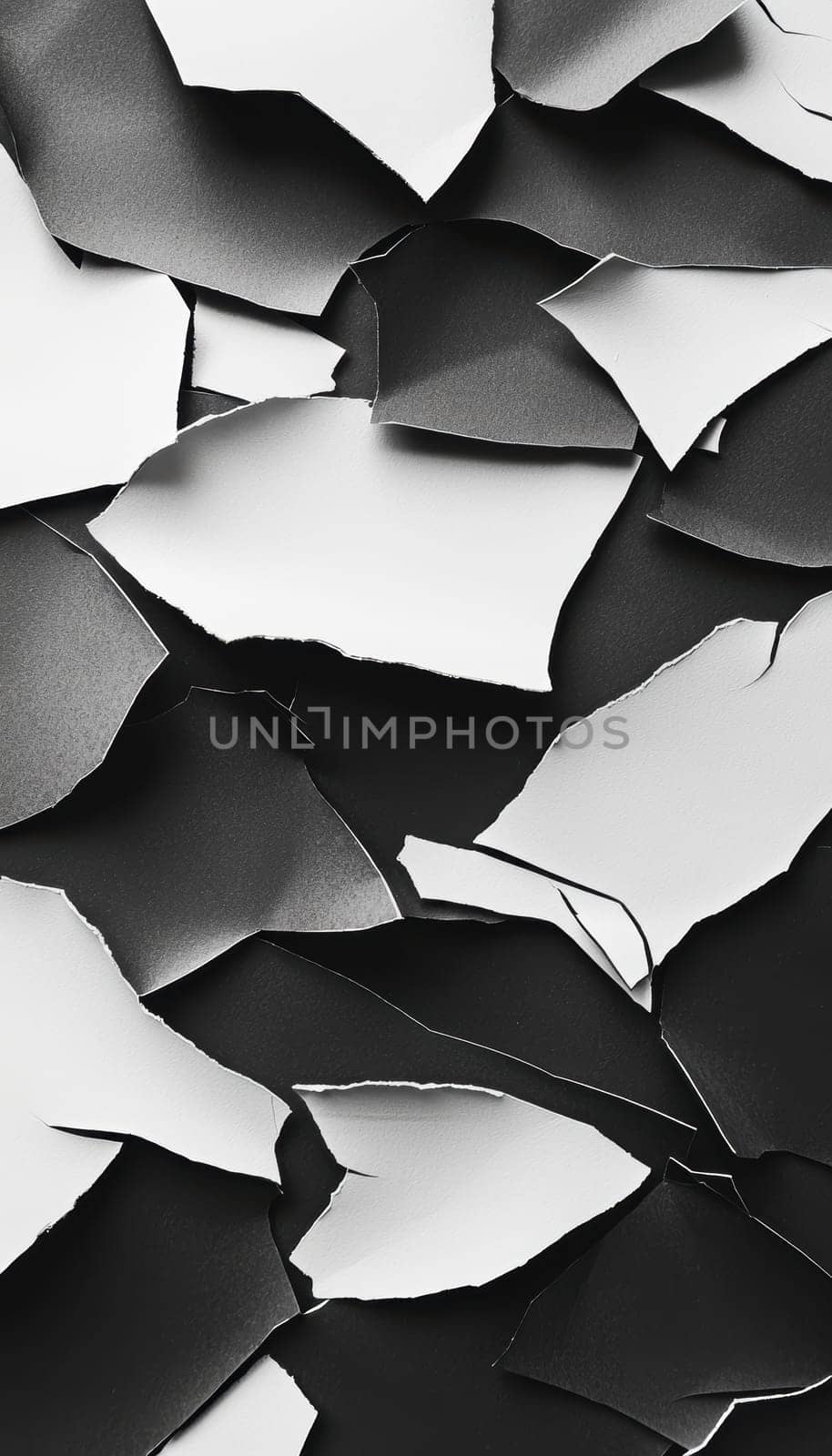 Dynamic arrangement of torn black and white paper pieces on a neutral backdrop creates a striking visual composition. the asymmetric design and textured materials are ideal for contemporary fashion marketing and artistic presentations.