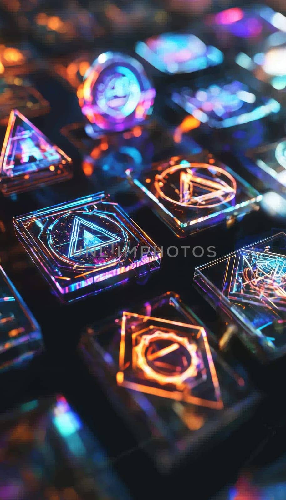 A collection of holographic stickers featuring futuristic logos, displayed on a glossy black table. soft lighting enhances the high-tech atmosphere with reflections, creating a modern and innovative visual effect.