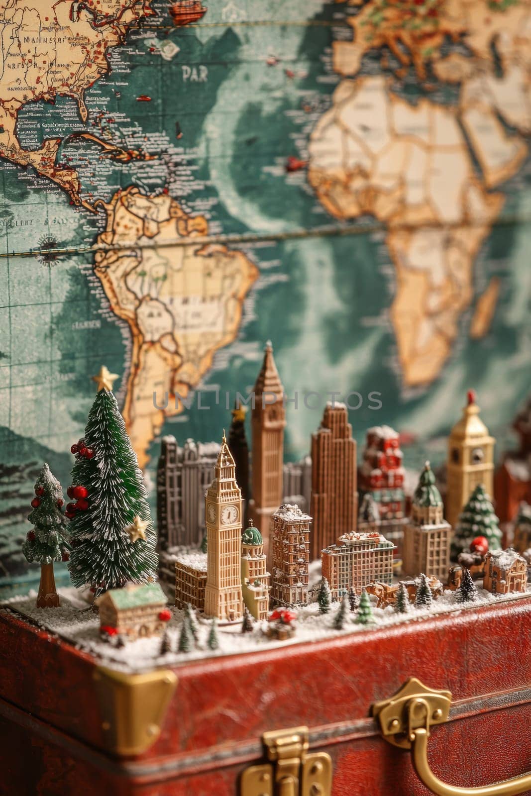 Travel-inspired advent calendar showcases miniature landmarks set on a holiday suitcase with a detailed world map. the festive scene is adorned with small travel accessories, celebrating wanderlust and global exploration during the holiday season.