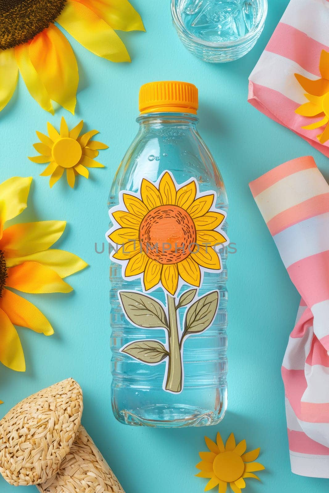A cheerful die cut sunflower sticker adorns a clear glass water bottle, set amidst sunny summer props. vivid oranges, lemons, and lush greenery enhance the lively atmosphere, ideal for adding a touch of brightness to any setting.