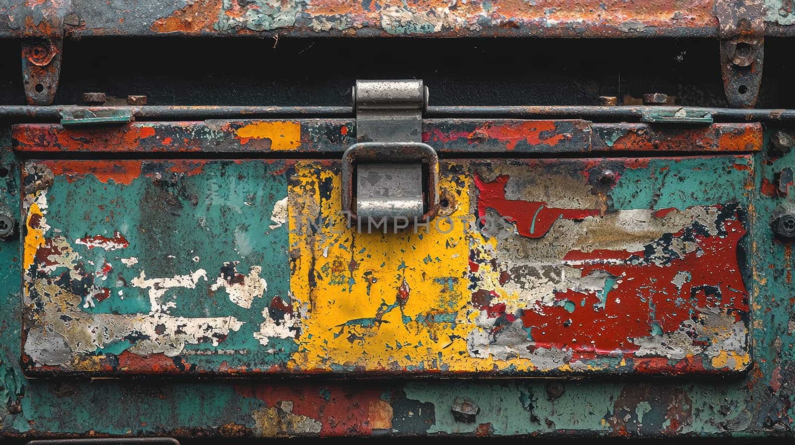 A close-up of a weathered metal toolbox in vibrant blue and yellow hues adorned with a high-quality die cut sticker. this industrial scene highlights the sticker's durability and print clarity, ideal for showcasing rugged design aesthetics.