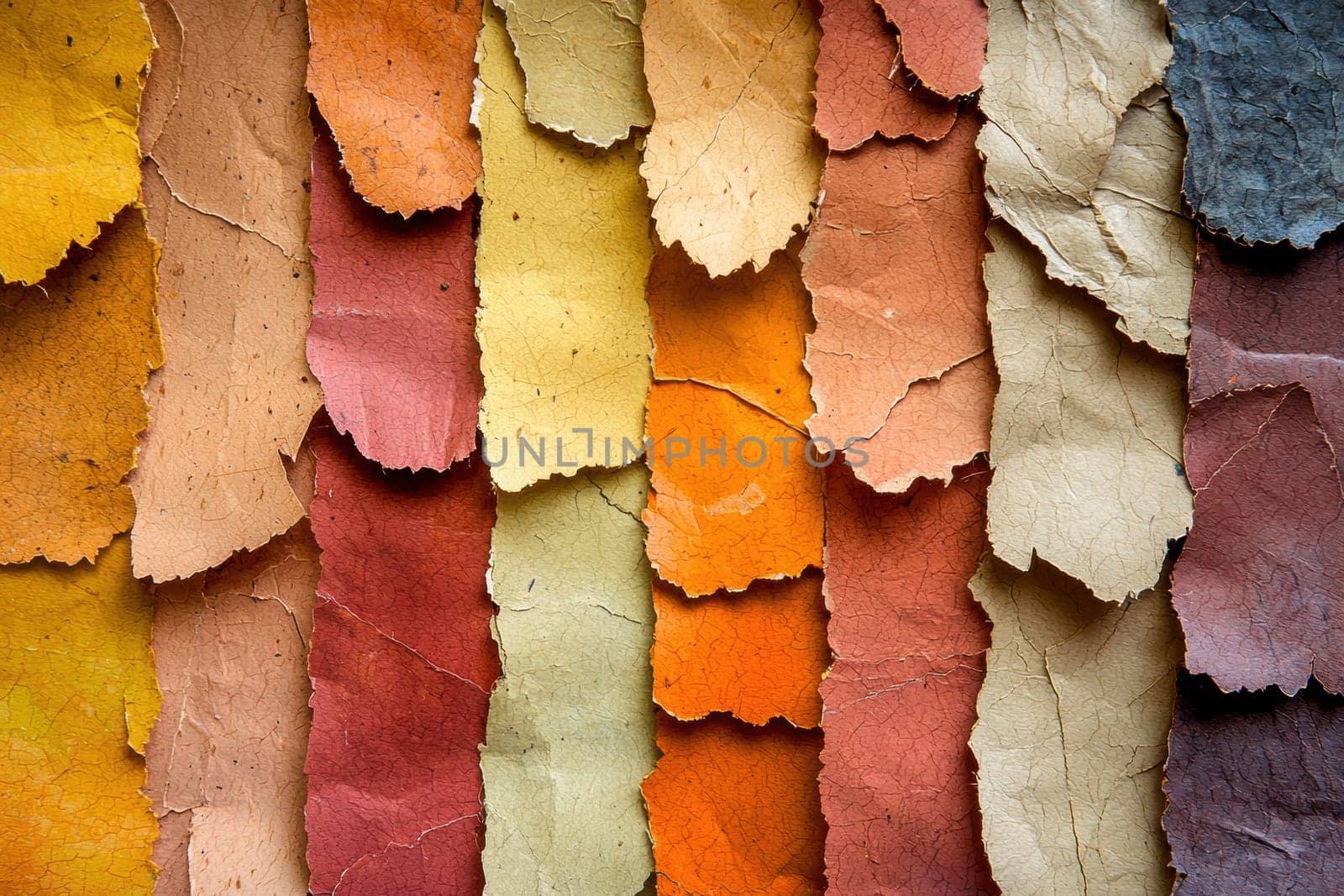 Layers of torn paper in rich autumn hues, showcasing a textured aesthetic with varying shades of red, orange, and yellow. perfect for fall-themed marketing campaigns, creative design projects, and seasonal promotions.