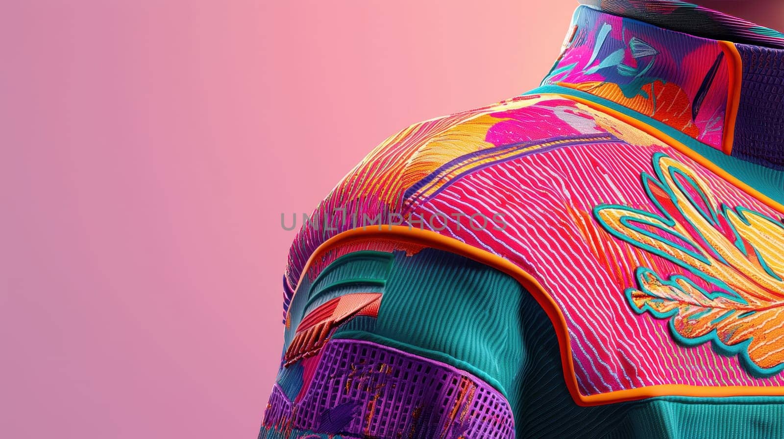 A detailed photorealistic close-up of a hockey jersey's shoulder highlights intricate stitching and vibrant patterns. the logo placement against a clean gradient background adds depth and texture, ideal for design purposes.