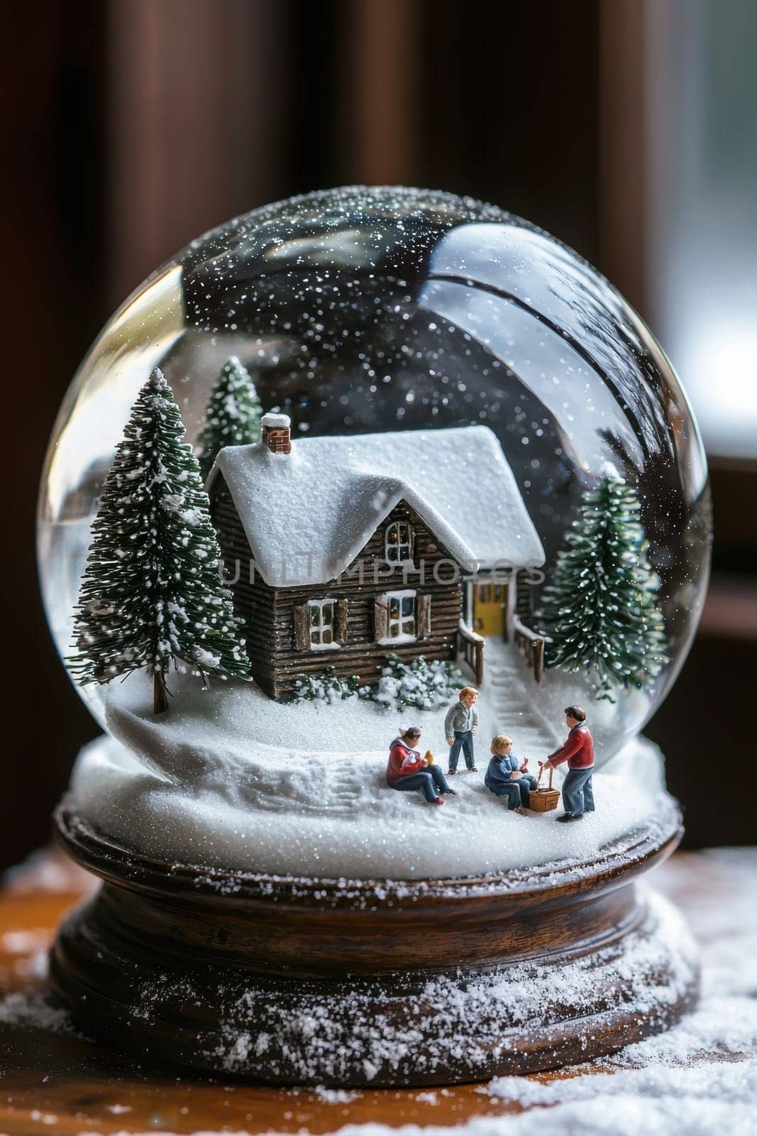 A charming snow globe features a snowy scene with a cozy home and miniature family figurines outside. the base offers customization options for names or holiday messages, making it a perfect seasonal decoration or gift.