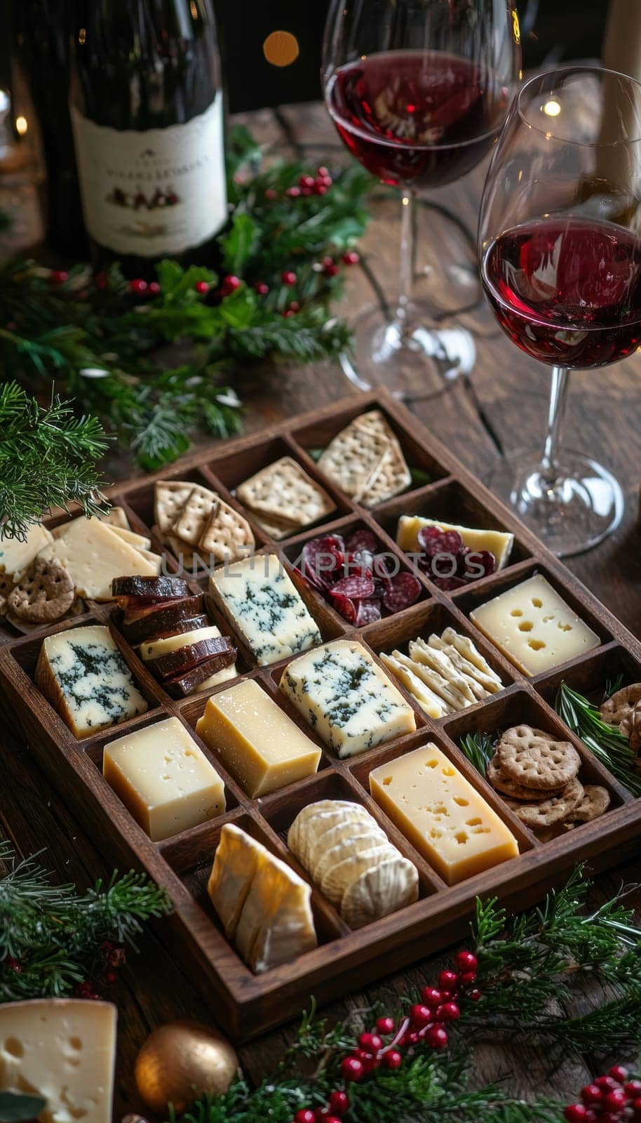 Luxurious gourmet cheese advent calendar featuring an assortment of fine cheeses, salami, and garnishes in an elegant wooden box. accompanied by red wine glasses and adorned with festive greenery for a sophisticated holiday setting.