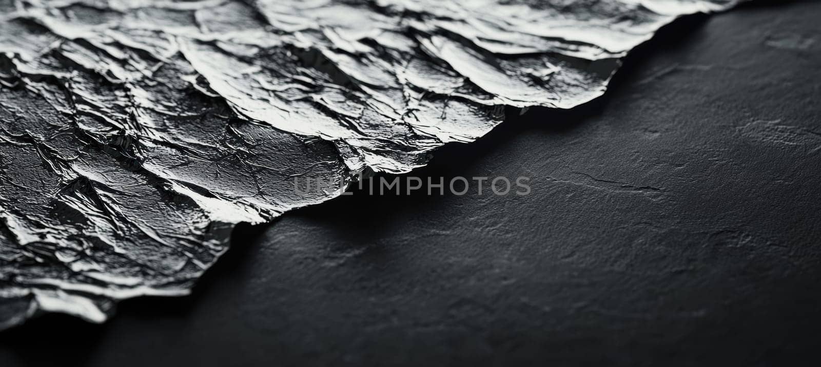 High-contrast image showcasing a tear in glossy black paper with a textured silver foil beneath. ideal for luxury-themed advertising, emphasizing elegance and sophistication through contrasting materials and sleek design.