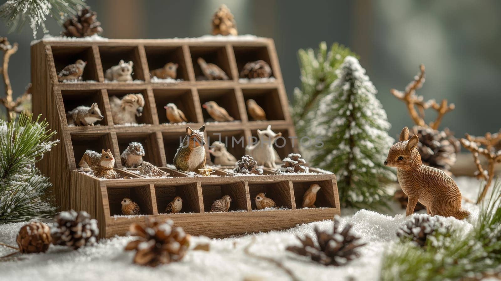 Nature-themed advent calendar features wooden compartments revealing tiny handcrafted forest animals. snow-dusted pine branches and rustic elements enhance the charming, holiday-inspired setup, perfect for seasonal decorations or gift ideas.