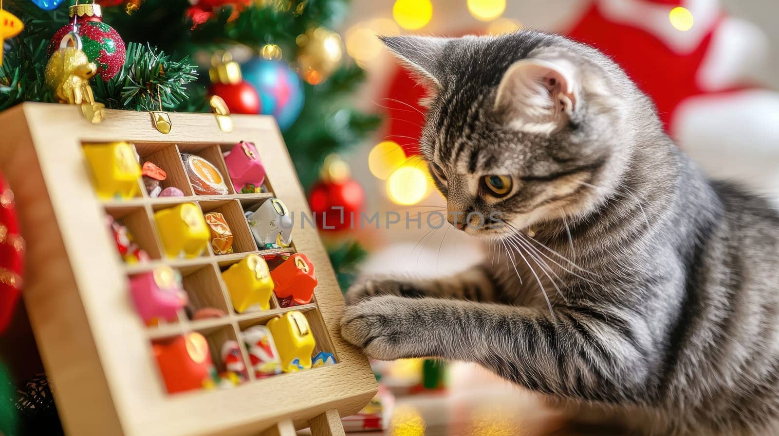 A curious cat interacts with a pet-friendly advent calendar filled with treats and toys, set against a backdrop of holiday decorations including a christmas tree and gifts. warm lighting enhances the festive mood, creating a joyful scene.