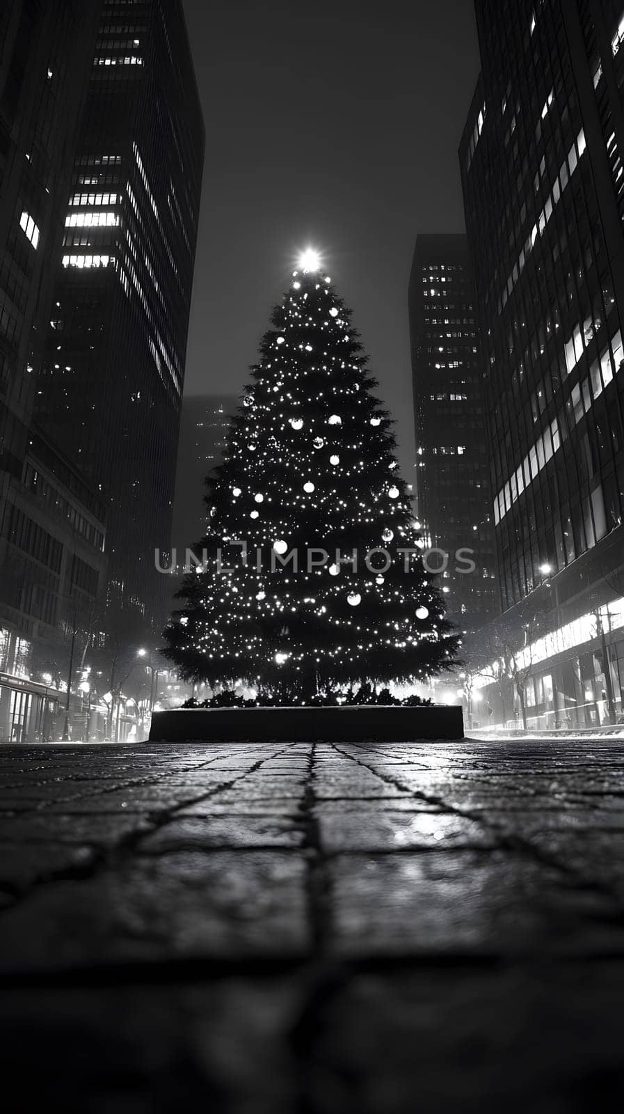 A beautifully lit Christmas tree in a cityscape at night.