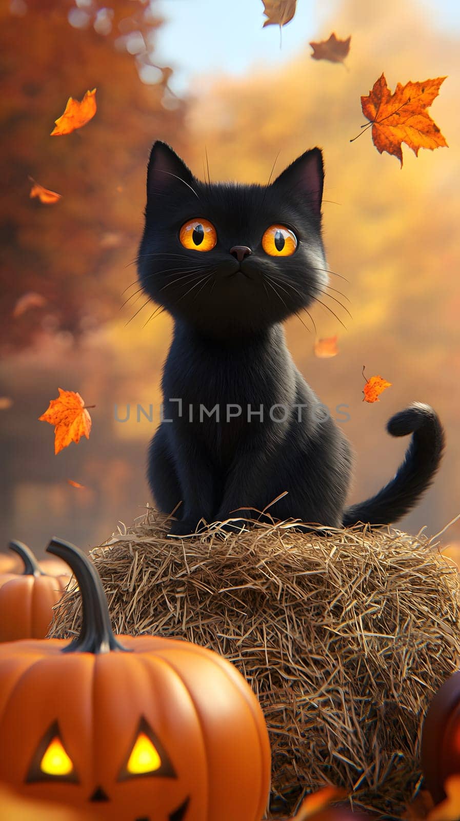 A black cat sits on hay amidst pumpkins and autumn leaves.