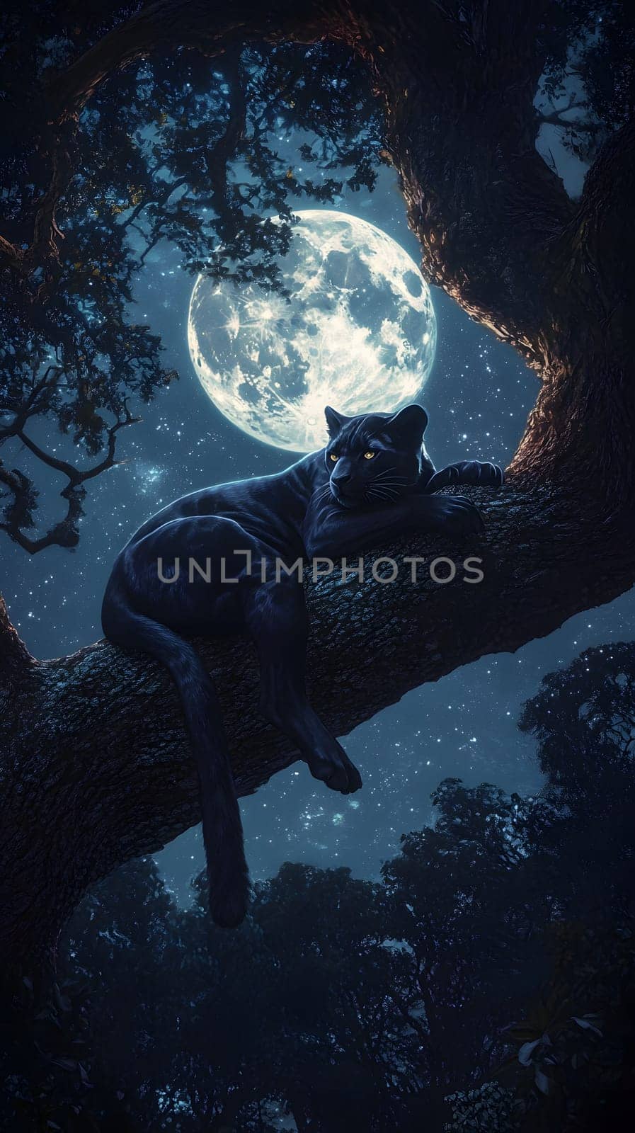 A black panther rests on a tree branch under a full moon.