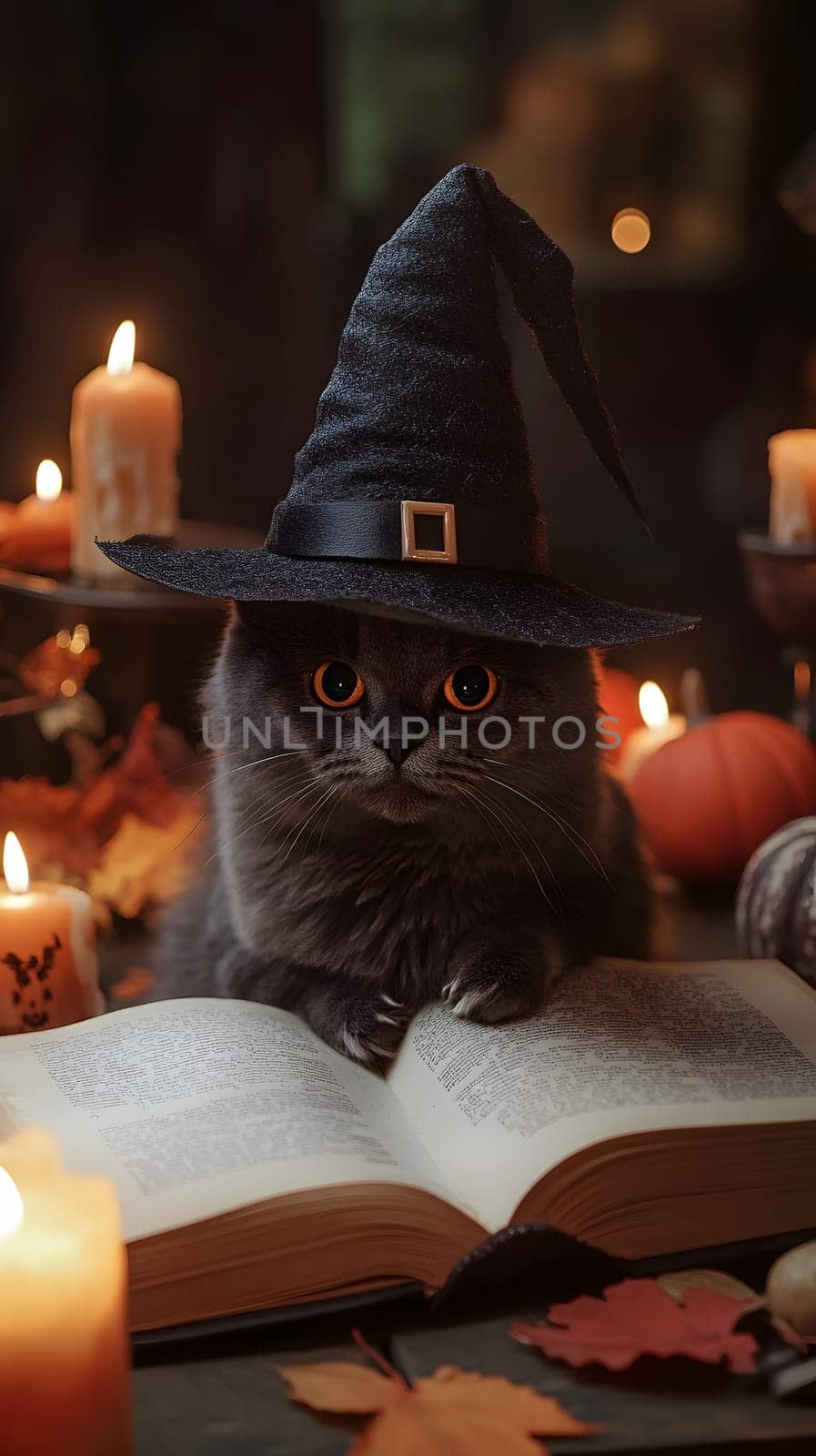 A cat in a witch hat sits on an open book surrounded by candles.