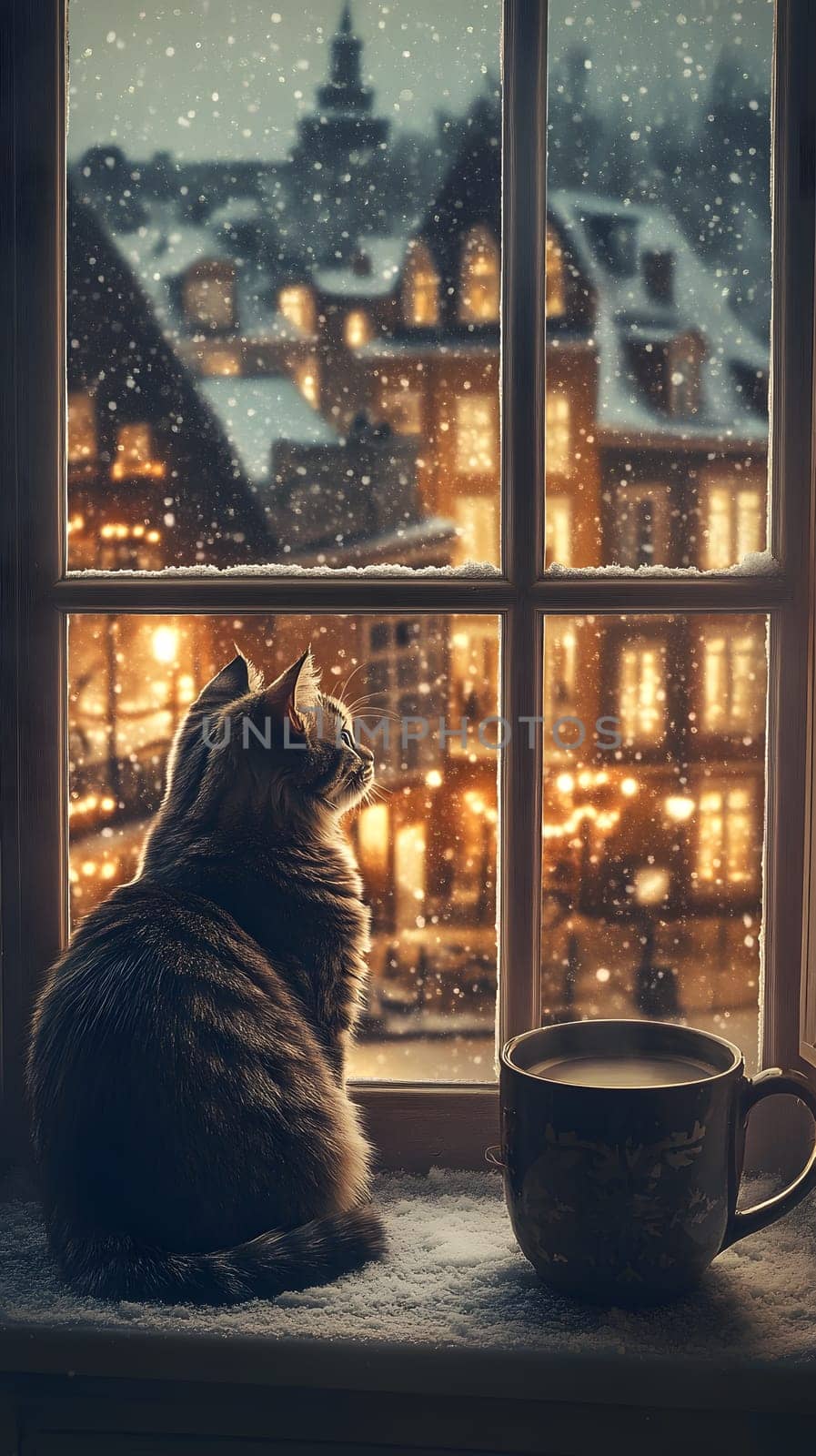 A cozy cat gazes out at a snowy, illuminated town scene.