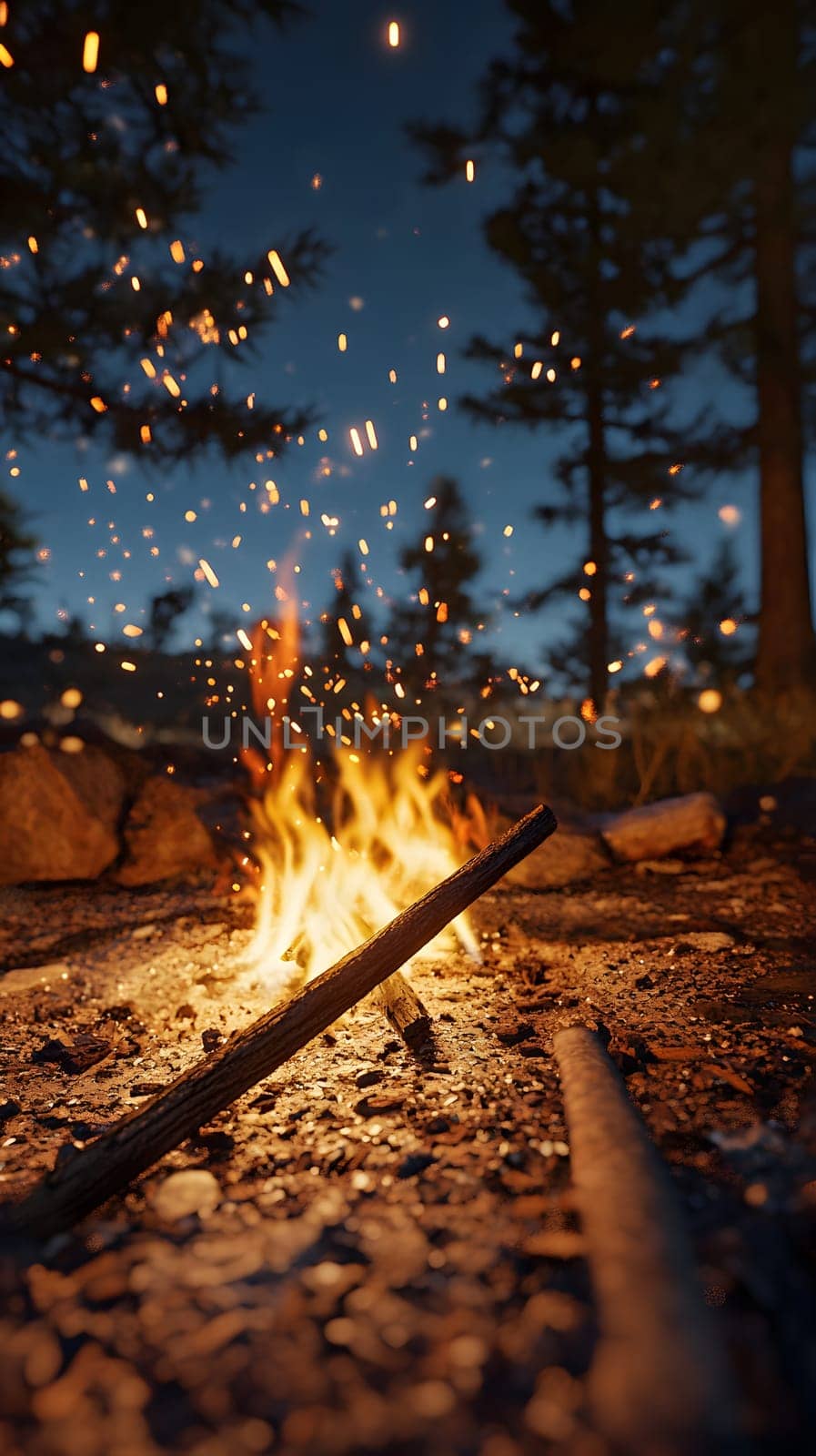 A cozy campfire surrounded by trees, glowing at night.