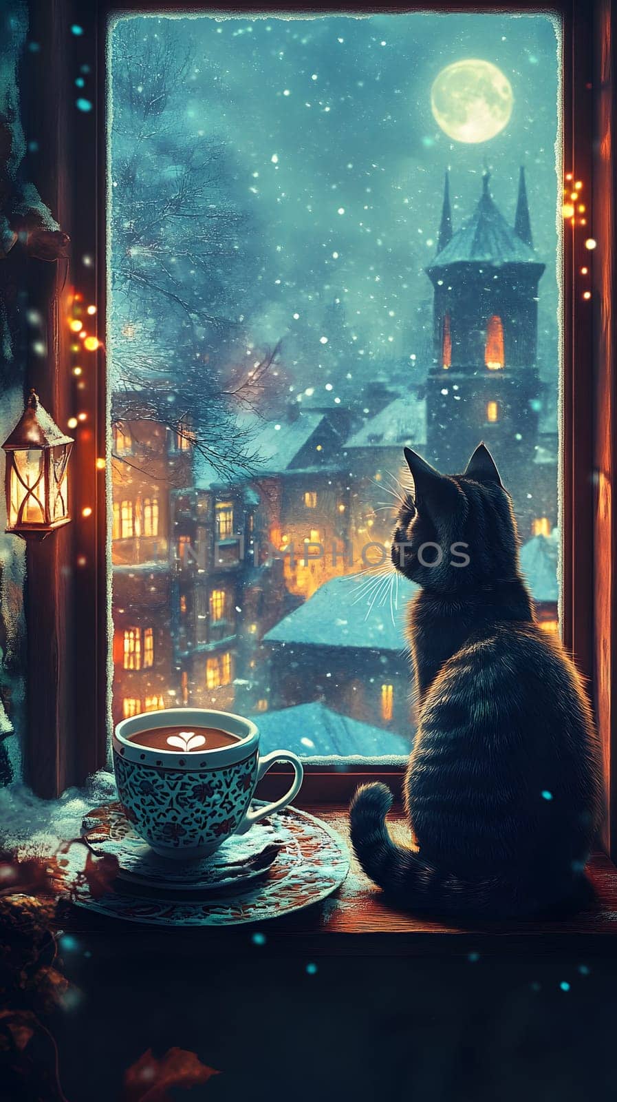 A cozy scene of a cat watching snow fall outside a window.