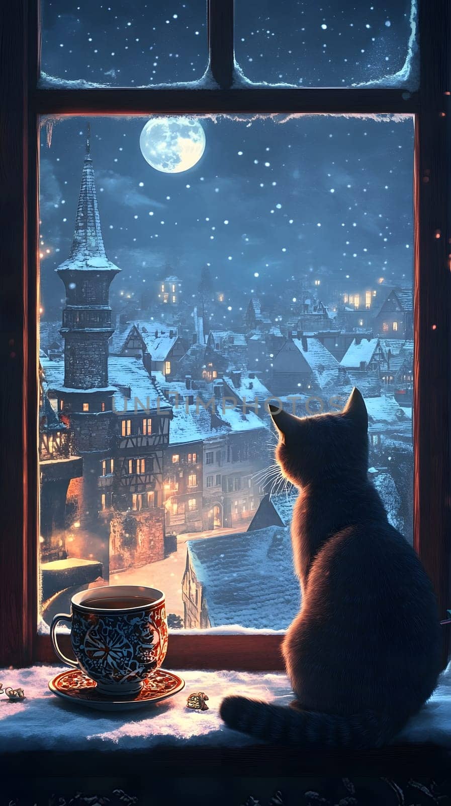 A cozy winter scene with a cat gazing at a snowy town.