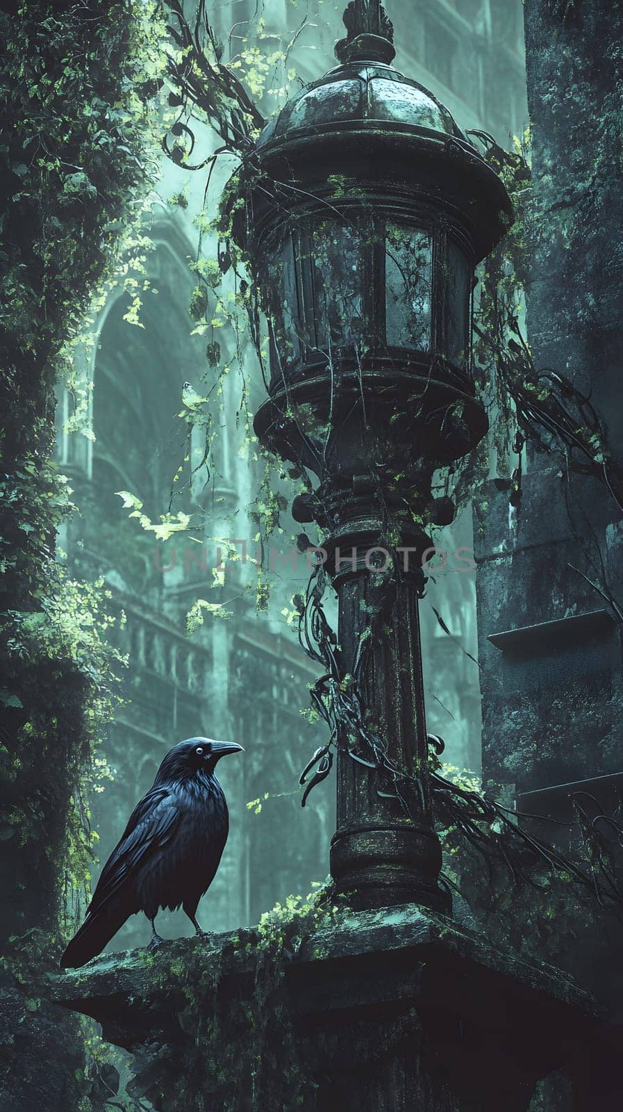 A crow perched near an overgrown lantern in a mystical environment.