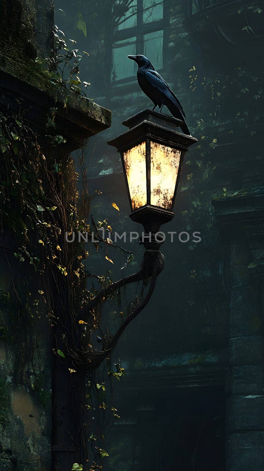 A crow perched on a glowing lamp in a misty, overgrown environment.