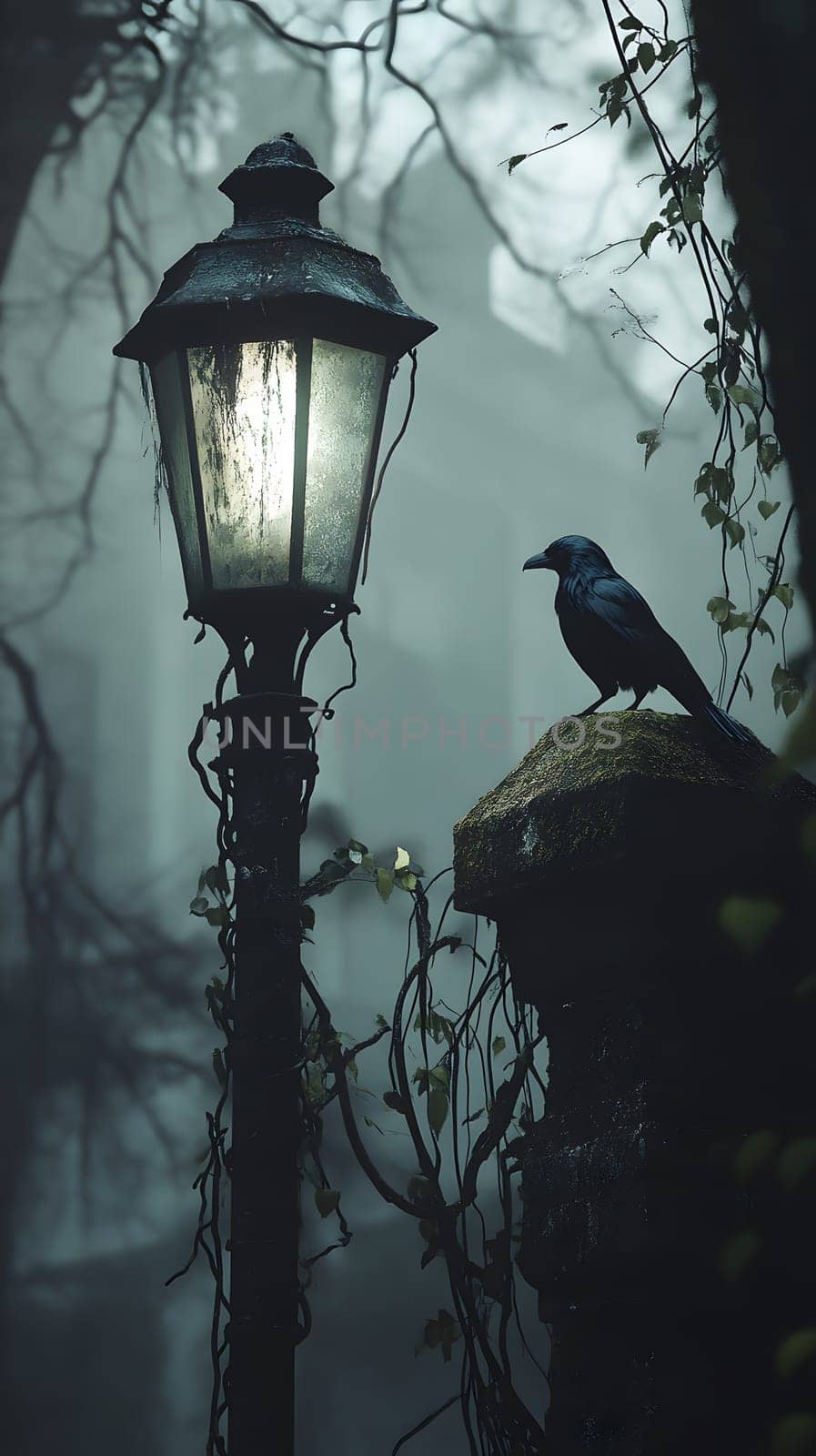 A crow perched on a lamp post in a misty, atmospheric setting.