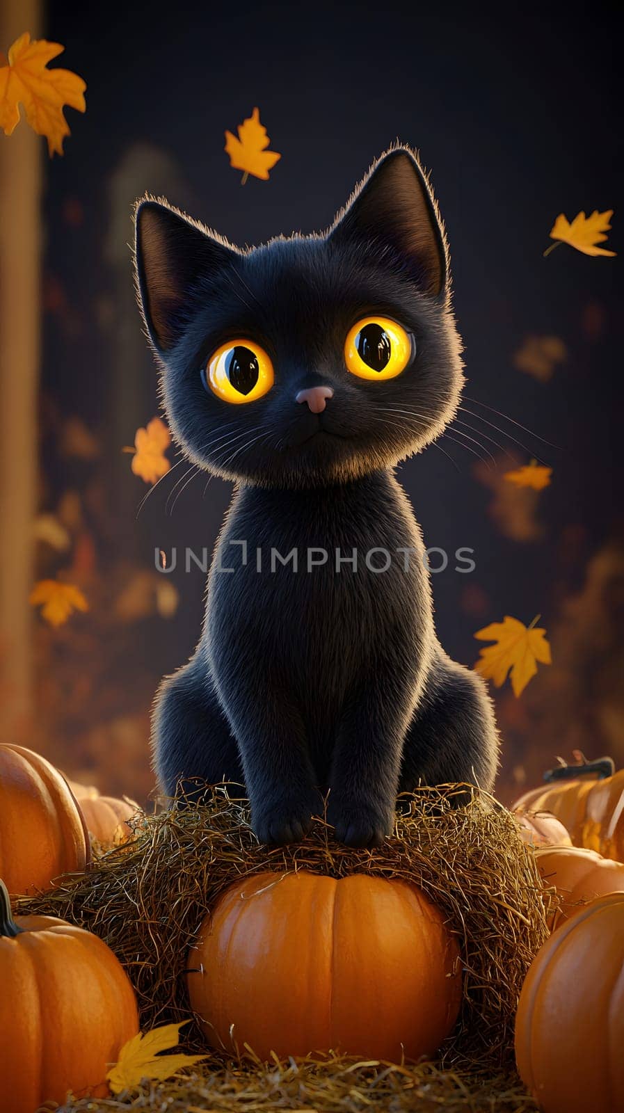 A cute black cat surrounded by pumpkins and autumn leaves.