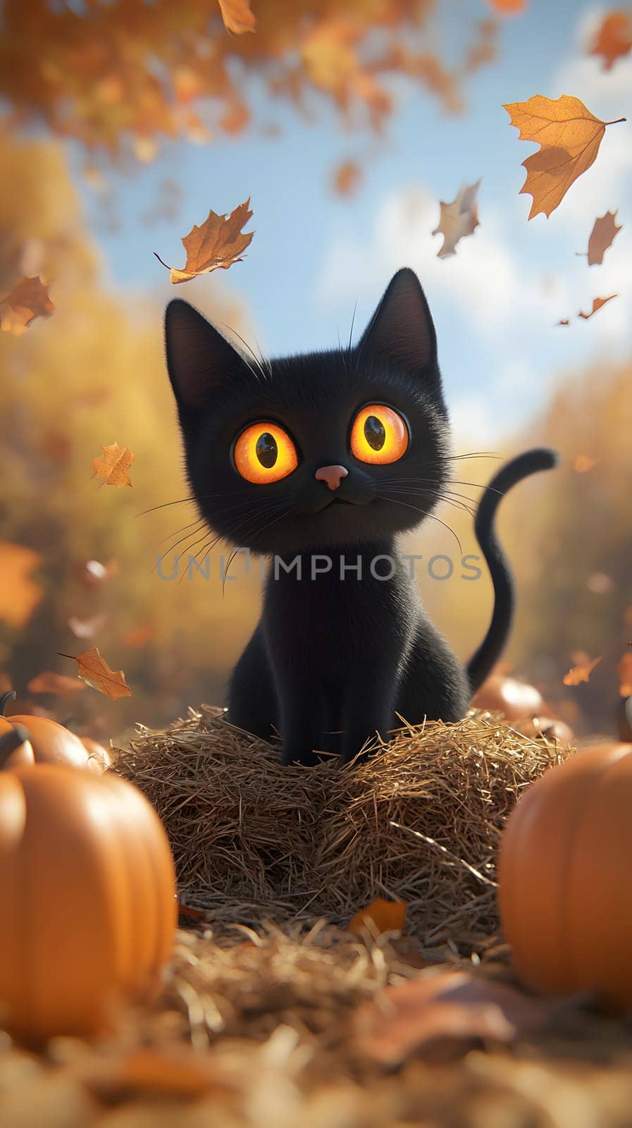 A cute black cat with bright eyes surrounded by pumpkins and autumn leaves.