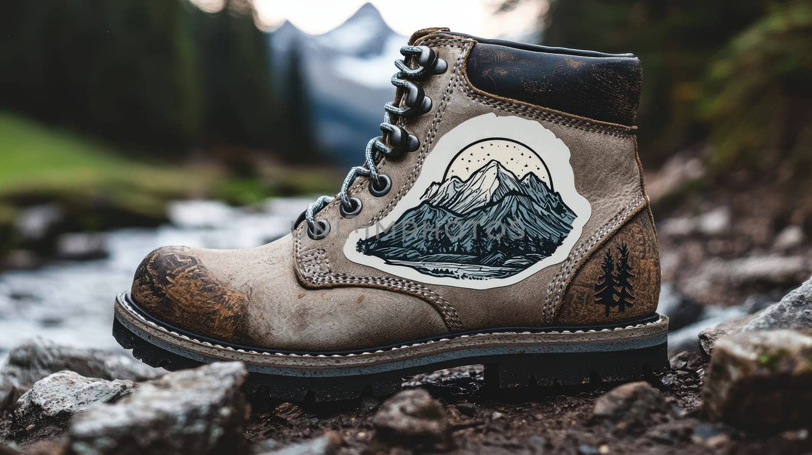 A realistic die-cut sticker with a mountain design is showcased on a rugged hiking boot. it is photographed outdoors on a rocky trail, capturing the spirit of adventure and nature exploration against a scenic backdrop.