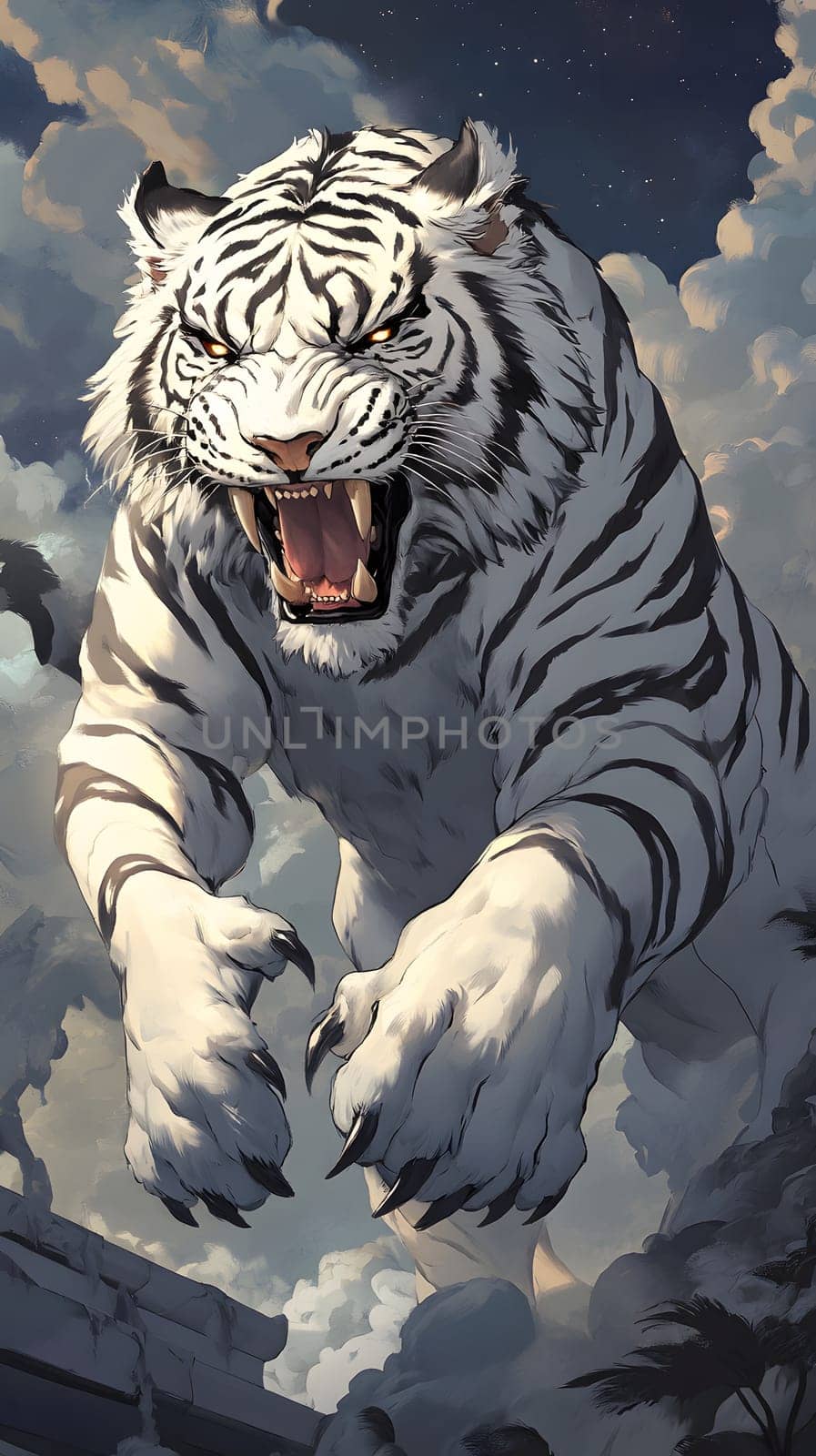 A fierce white tiger leaping through a cloudy sky.