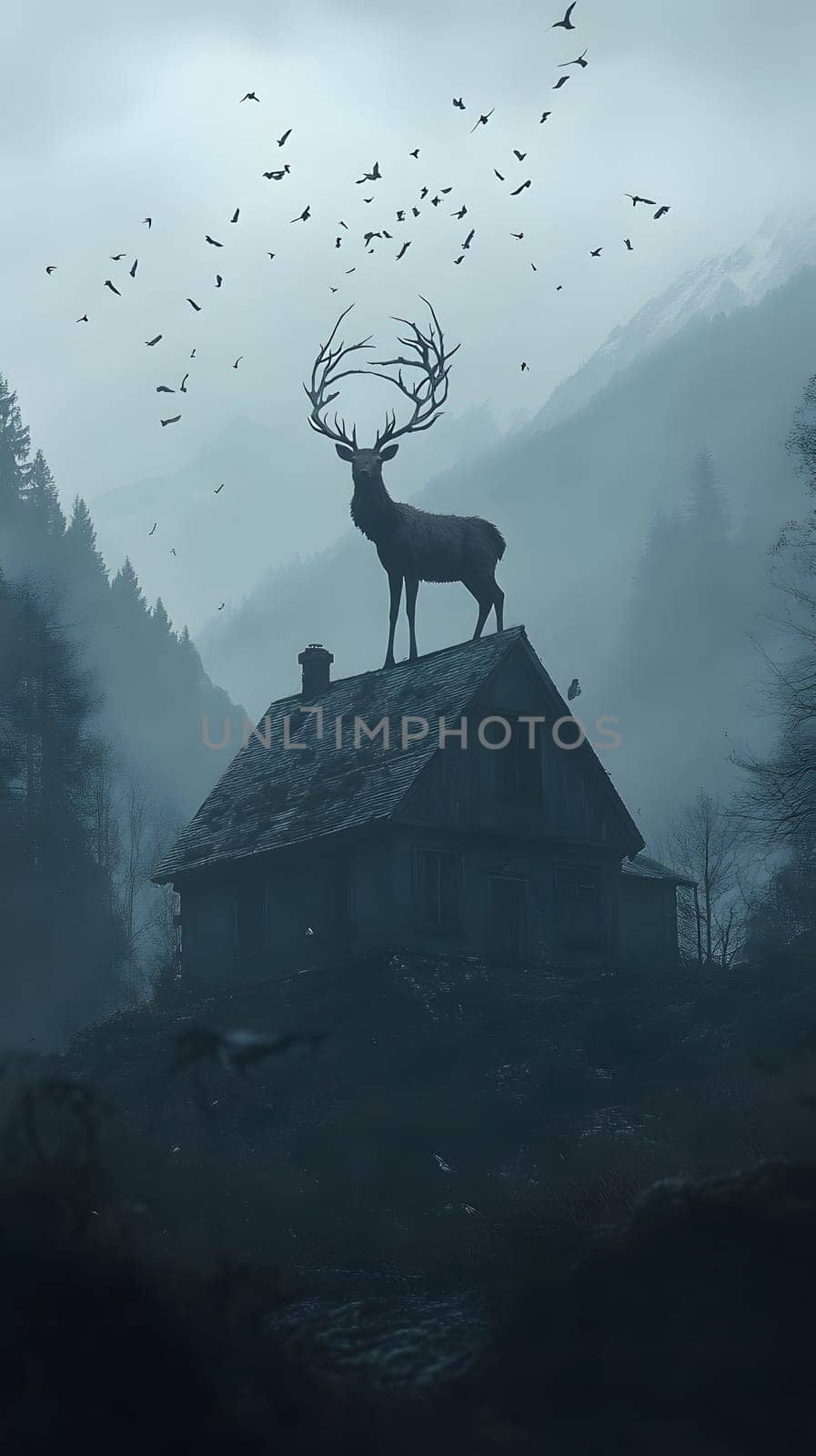 A deer with antlers stands atop a misty, abandoned house in nature.
