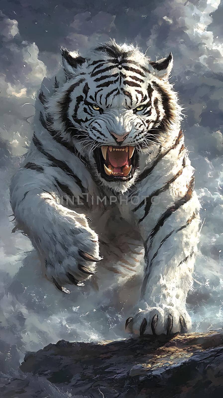 A fierce white tiger lunging through a snowy landscape.