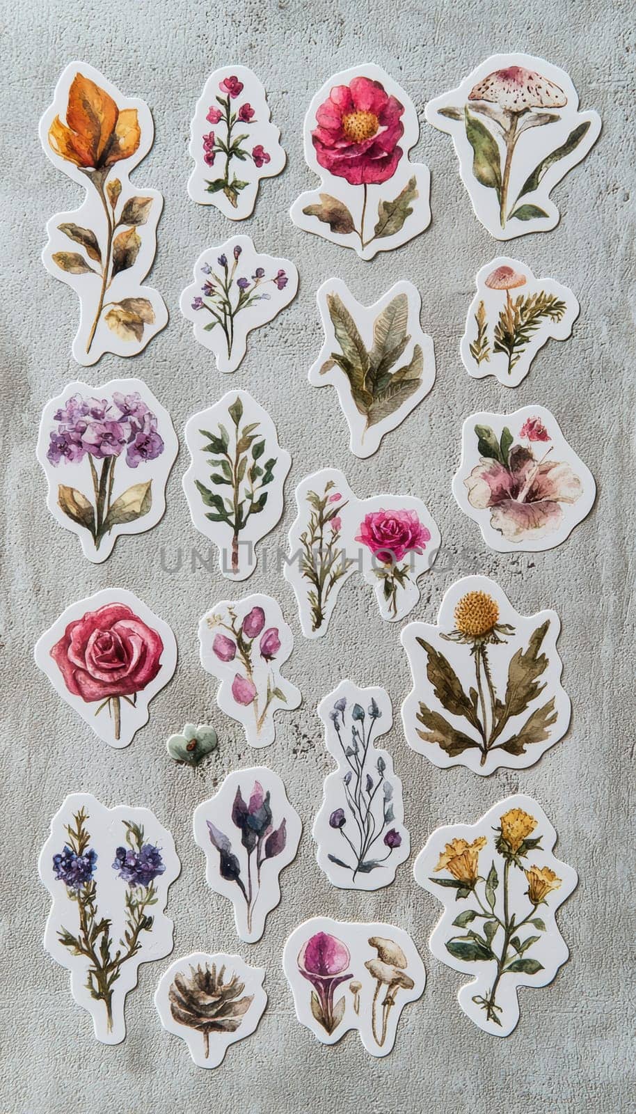 Collection of colorful watercolor-style butterfly and floral stickers on a textured canvas surface. ideal for enhancing crafting projects, diy activities, and creative designs. vivid details and soft hues inspire artistic creativity.