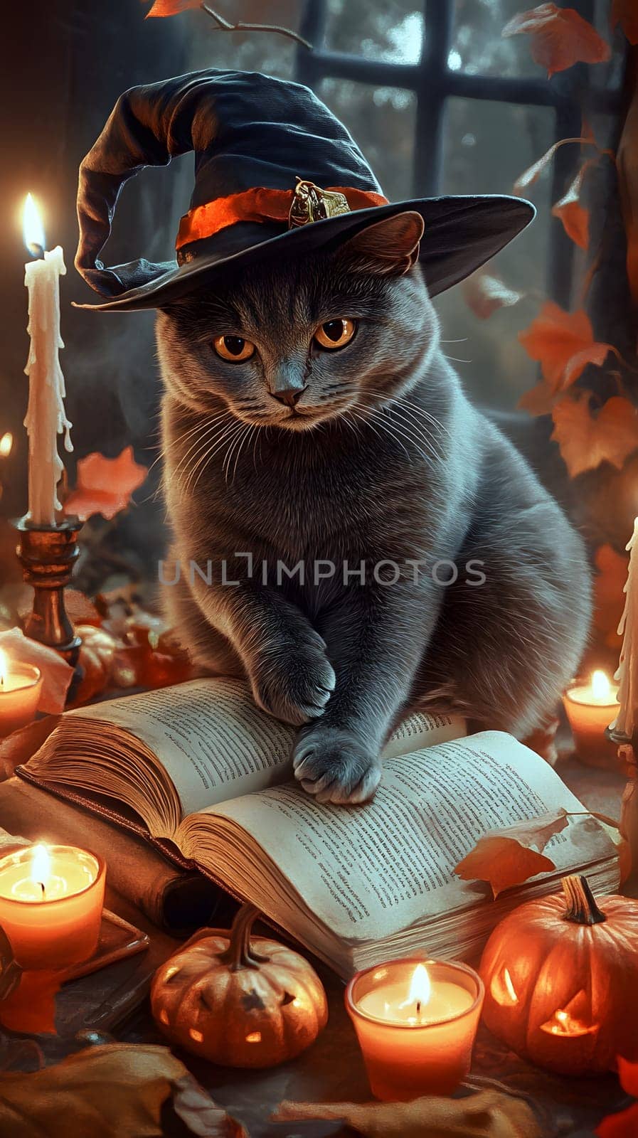 A gray cat in a witch's hat sits on a book surrounded by candles.