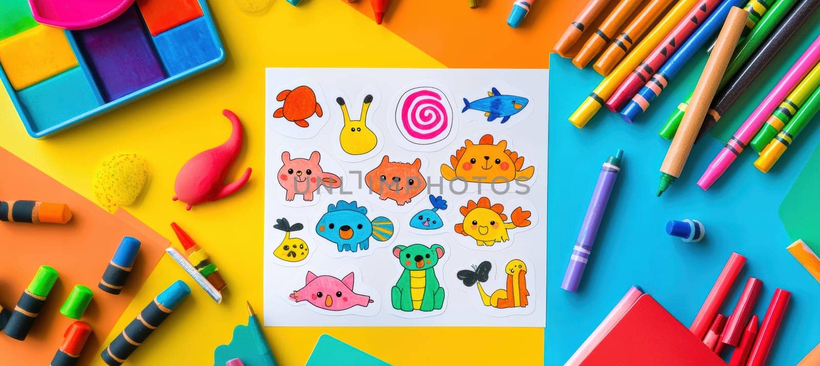 Vibrant sticker sheet featuring cartoon animals, ideal for children's activities. set on a colorful desk surrounded by crayons and markers, fostering creativity and imagination in a playful and artistic setting.