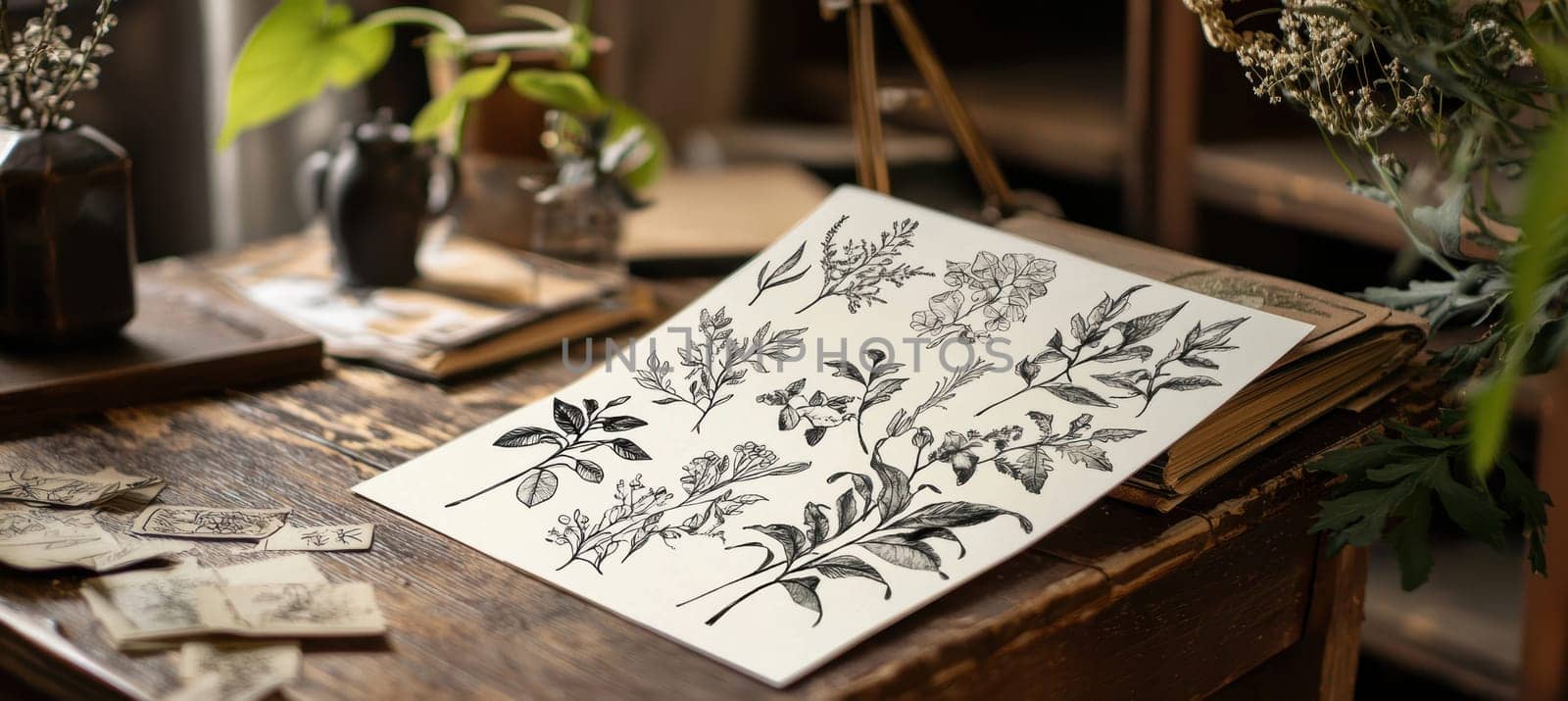 Hand-drawn botanical sticker sheet displayed on a rustic wooden desk, accentuated by earthy tones and soft, warm lighting. the scene features a harmonious blend of nature and artistry, perfect for creative projects or decor ideas.