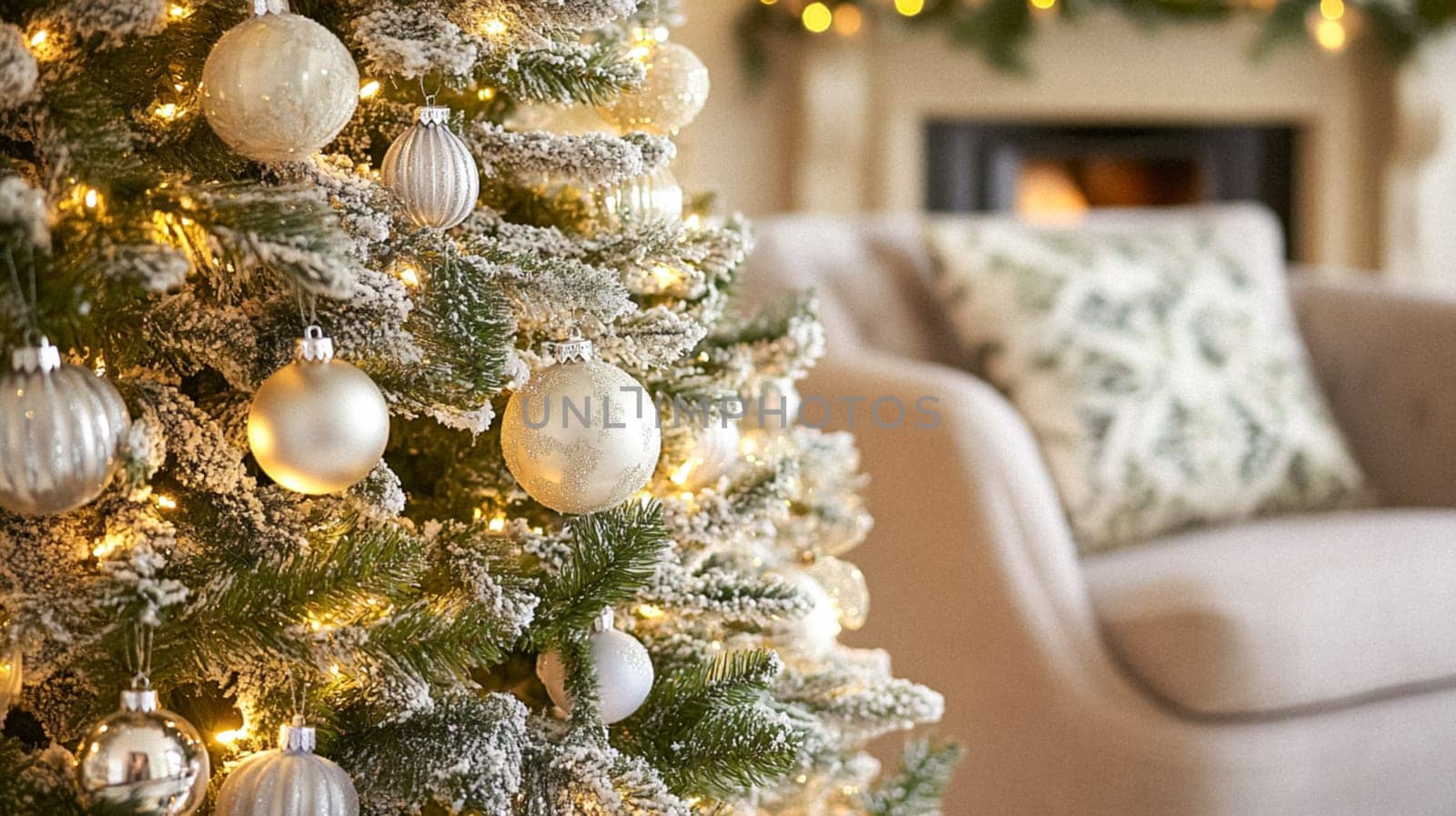 Christmas, holiday decor and country cottage style, cosy atmosphere, decorated Christmas tree in the English countryside house living room with fireplace, interior decoration idea