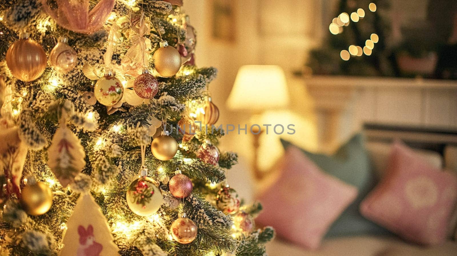 Christmas, holiday decor and country cottage style, cosy atmosphere, decorated Christmas tree in the English countryside house living room with fireplace, interior decoration idea