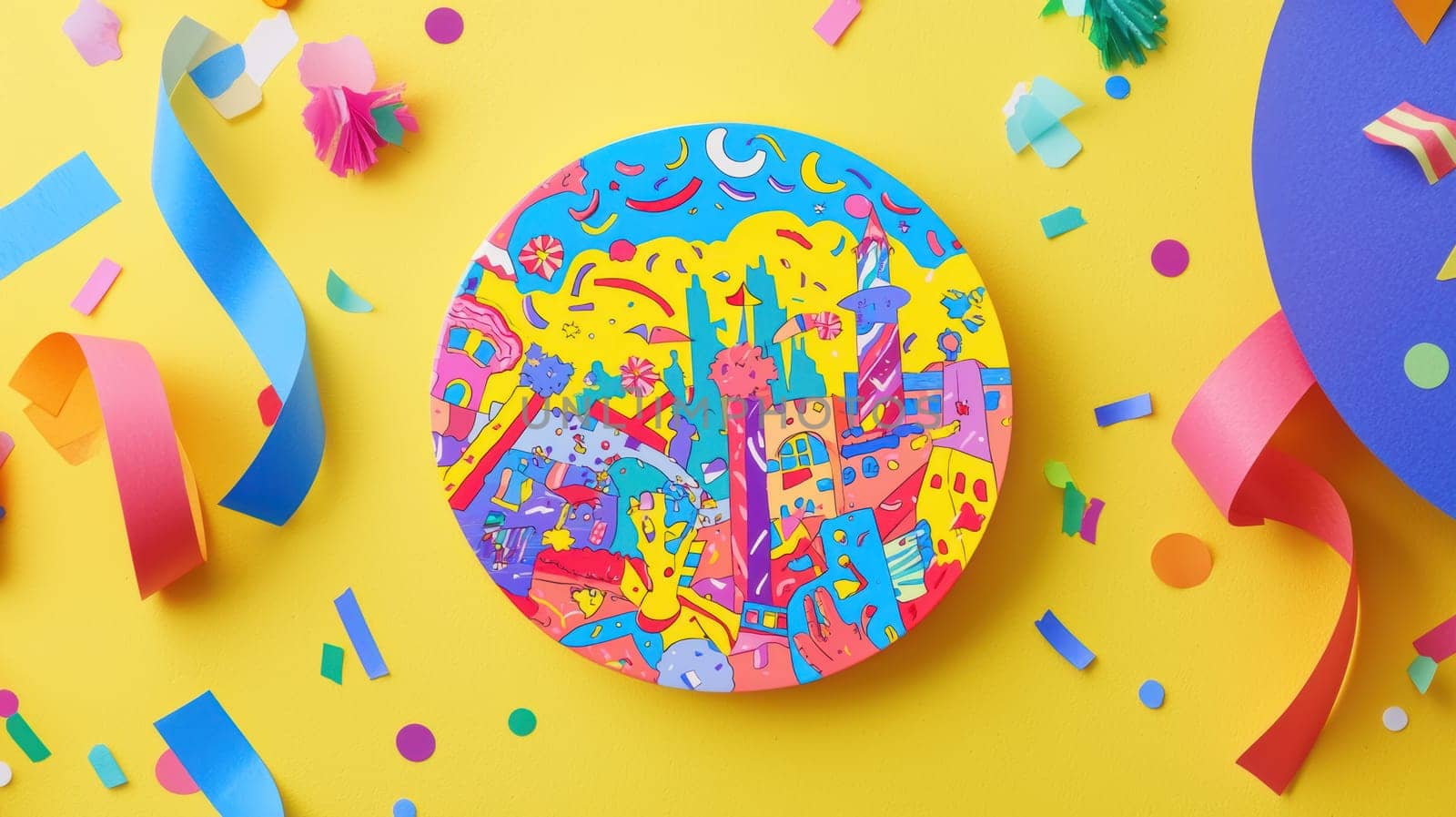 Vibrant circular sticker showcasing a carnival illustration adhered to a bright yellow notebook, surrounded by colorful streamers and confetti. ideal for festive design projects, print media, and creative decoration inspiration.