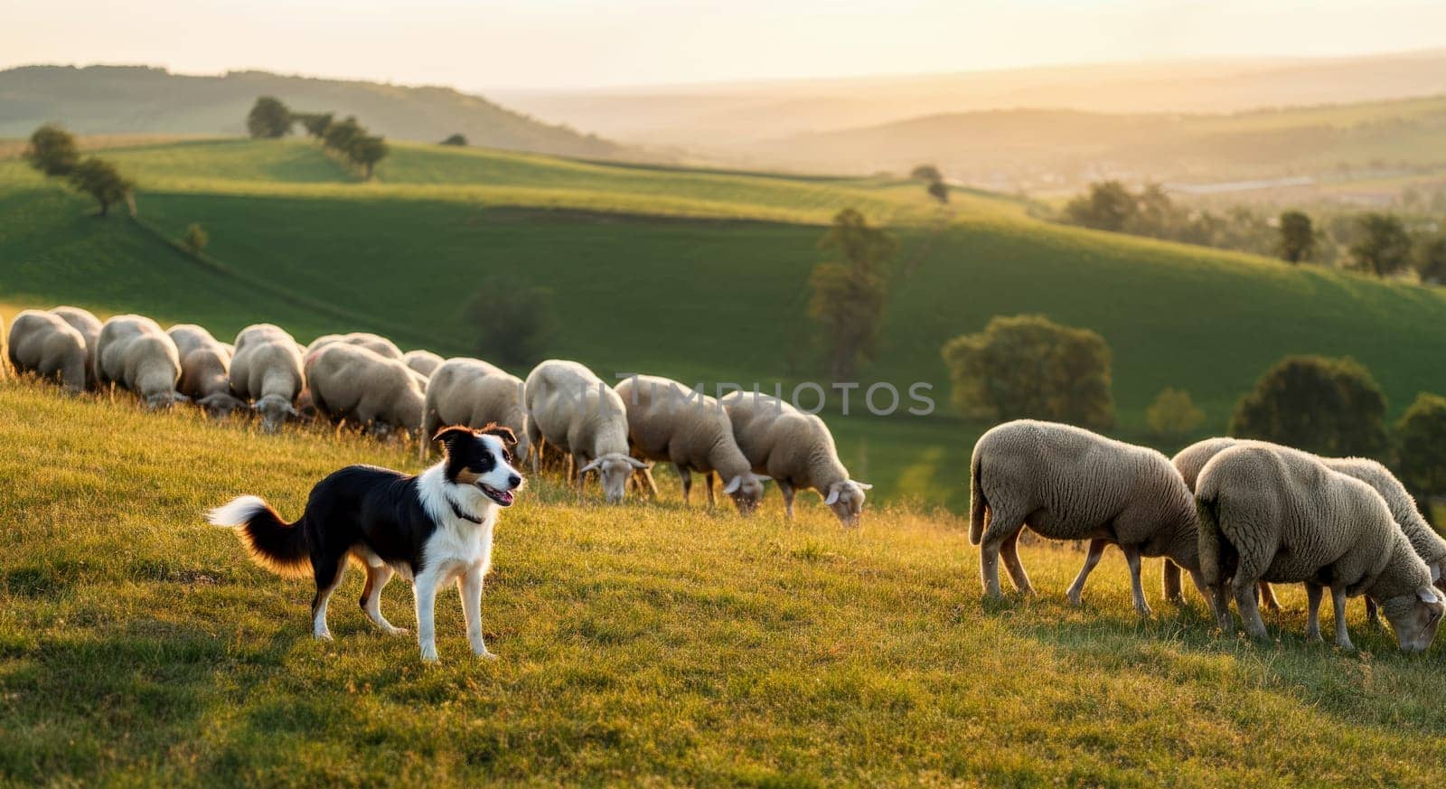 Border collie guides a flock of sheep on a tranquil hillside amid lush green pastures at sunset. rolling hills and soft evening light create a peaceful rural scene, showcasing teamwork and harmony with nature.