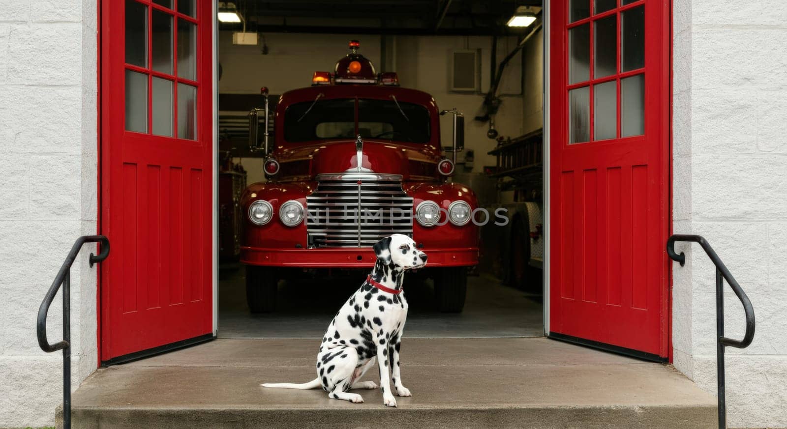 A dalmatian sits alertly at the entrance of a fire station, framed by red doors. in the background, a classic red fire truck is parked inside, embodying themes of safety, tradition, and readiness.