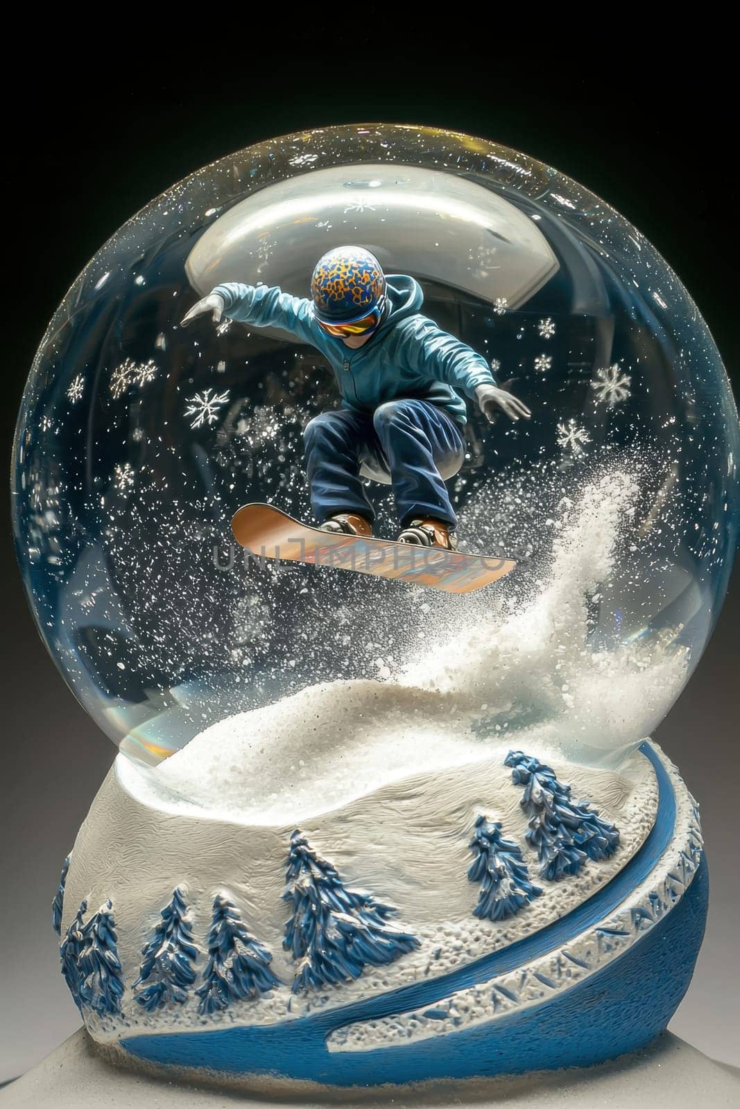 Snow globe featuring a snowboarder mid-jump on a snowy mountain surrounded by swirling snowflakes. the dynamic base design includes a snow trail pattern, capturing the essence of winter sports and festive holiday decor.