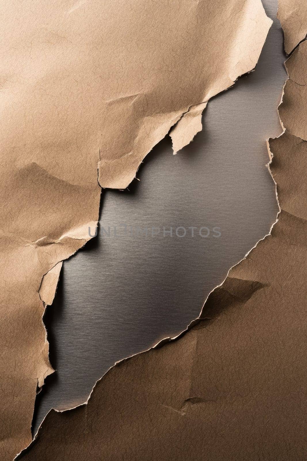 Torn kraft paper contrasts with a sleek metallic surface, blending rustic and modern aesthetics. the ripped edges and shiny reflections make it ideal for eco-friendly design concepts, product packaging, or artistic prints.