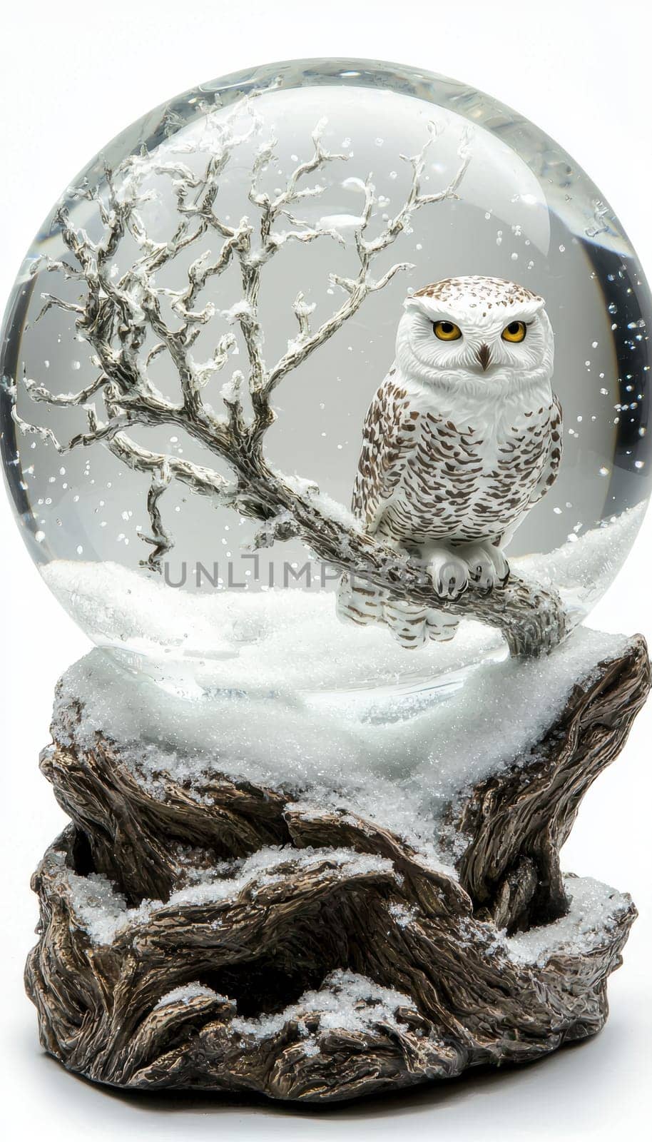 Snow globe features a majestic snowy owl perched on a frosted branch amidst a swirling snowfall. the base mimics rough bark, enhancing the wildlife and winter aesthetic. ideal for home decor or seasonal displays.