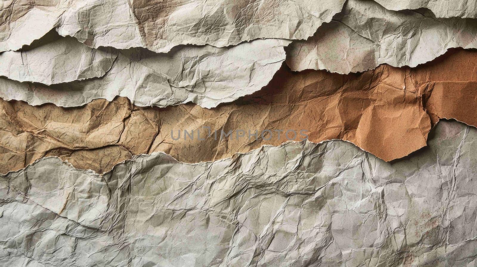 Torn recycled paper in earthy tones, expertly layered to create a visually appealing, sustainable look. the visible fibers and natural textures enhance its eco-friendly aesthetic, perfect for green product branding and environmentally conscious designs.