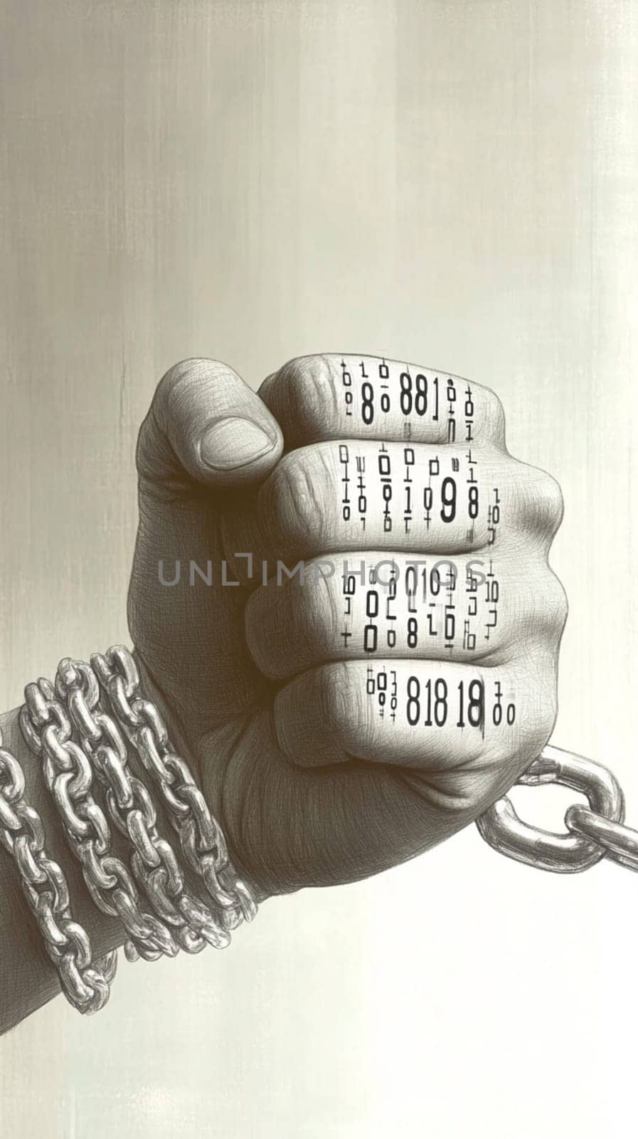 Powerful fist, adorned with intricate patterns, is breaking free from heavy chains, symbolizing the struggle for freedom and equality