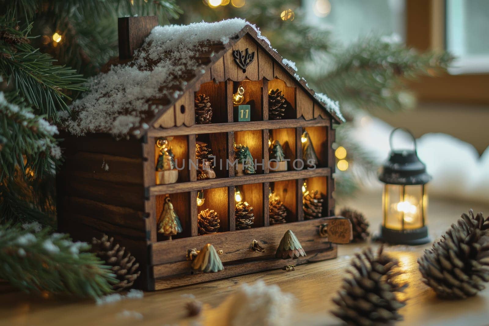 Wooden advent calendar crafted in the shape of a cabin, featuring intricate compartments housing forest-themed trinkets. the scene includes snow-dusted pinecones and a softly glowing lantern, perfect for festive holiday decoration.