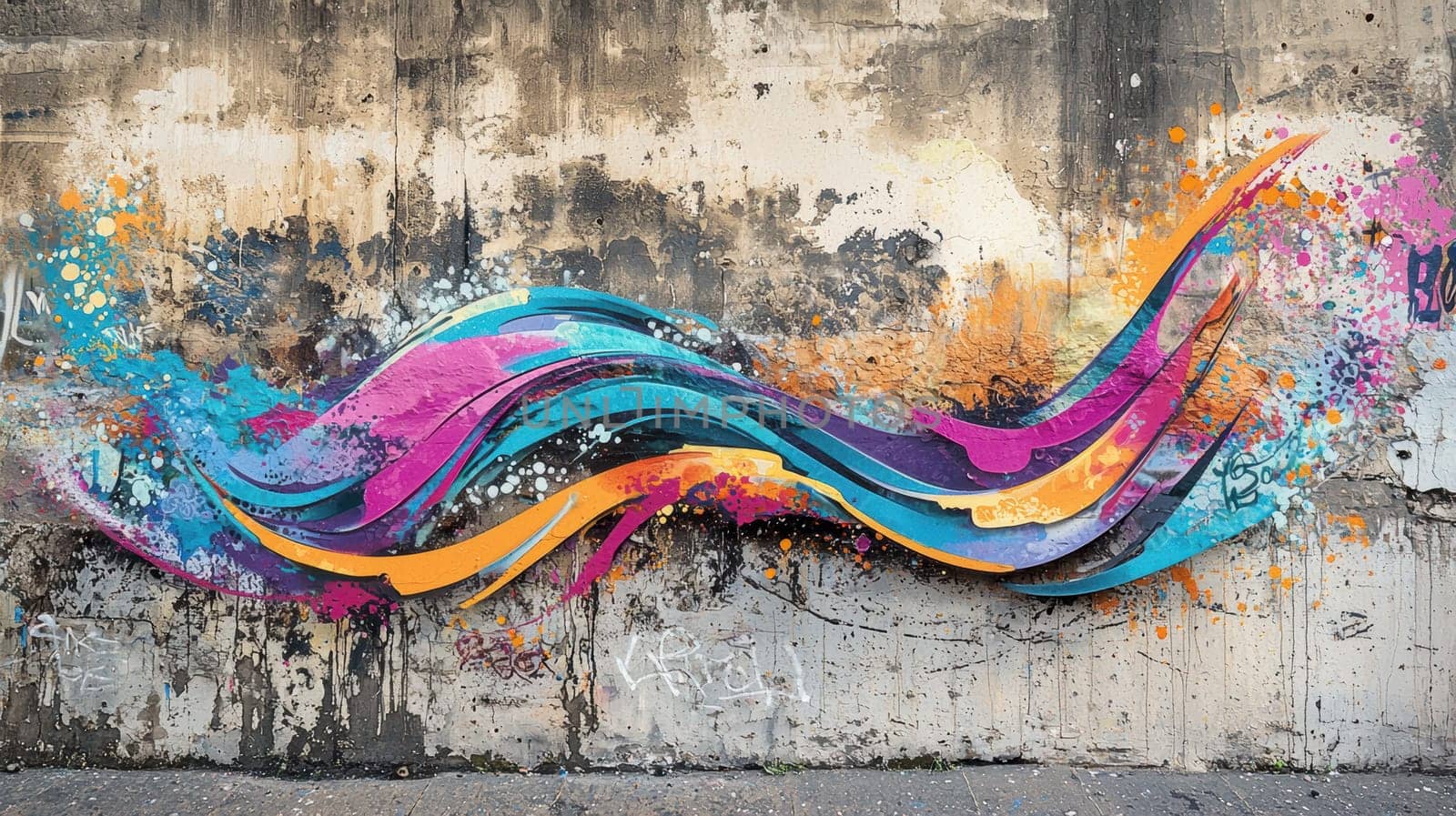 Vibrant street art-inspired vinyl sticker brings life to a weathered urban wall. bold graffiti brushstrokes in vivid colors create a dynamic contrast against the textured concrete, blending urban decay with artistic expression.
