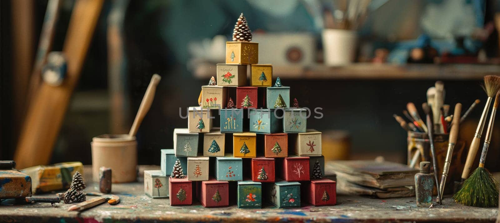 Advent calendar featuring hand-painted boxes stacked in a pyramid, each revealing unique handmade ornaments. surrounded by artist tools and festive decor, it holiday spirit and creative craftsmanship in a cozy setting.