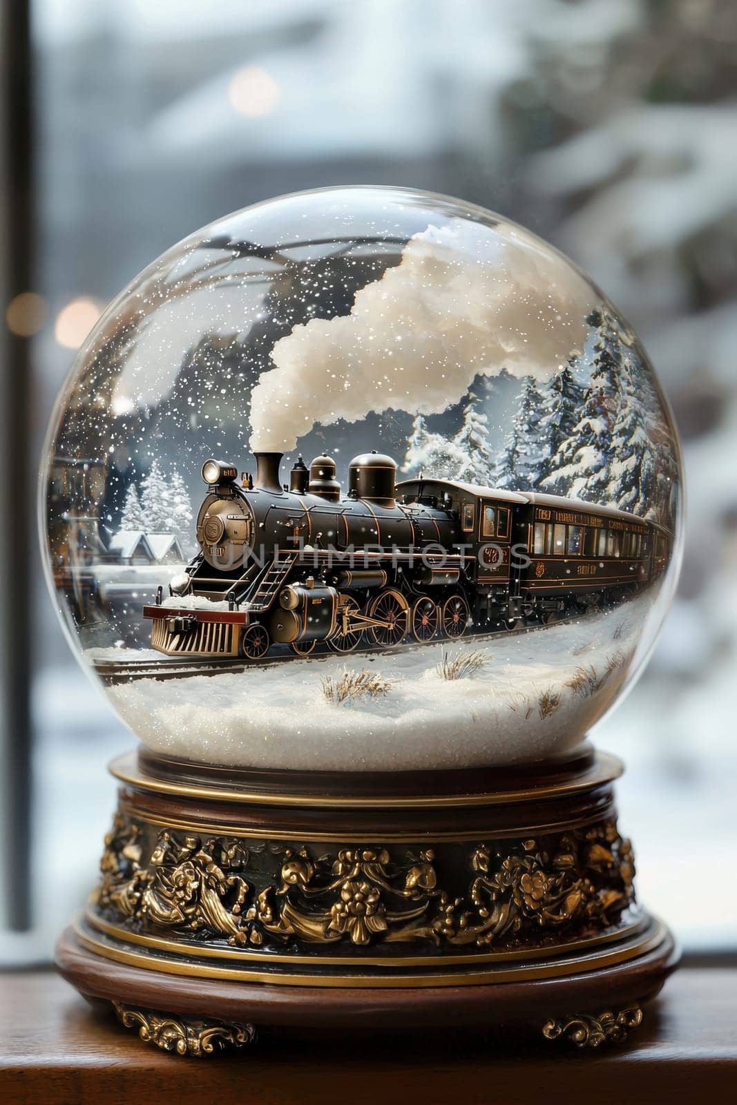 A vintage snow globe showcasing a classic steam locomotive journeying through a snowy landscape. inside, swirling snow adds a dynamic element, while the detailed base features antique brass accents, enhancing its nostalgic charm.